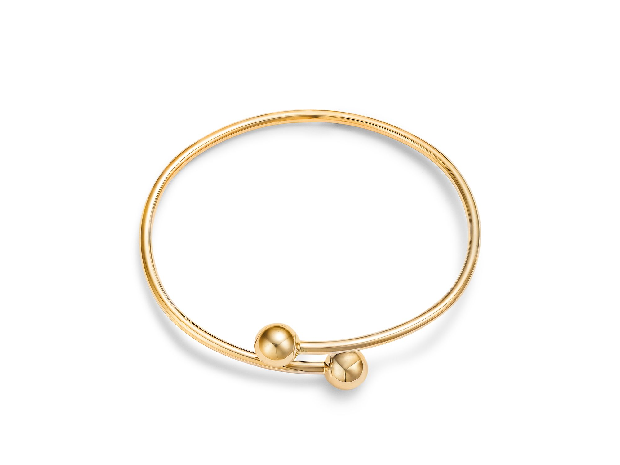 Polished Bead End Bypass Bangle Bracelet in 14K Yellow Gold — Image 3