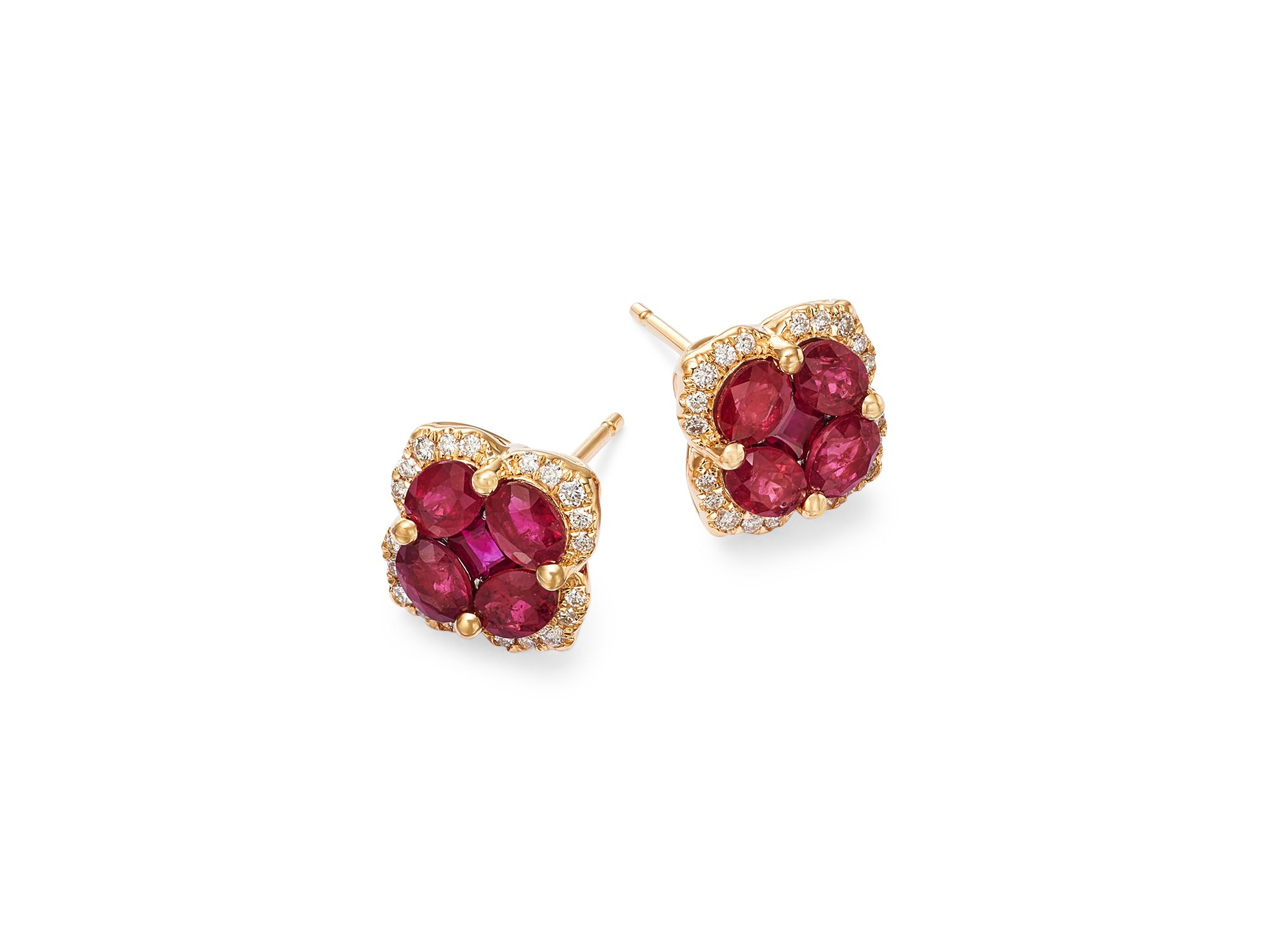 Ruby & Diamond Flower Halo Stud Earrings in 14K Yellow Gold — Image 3