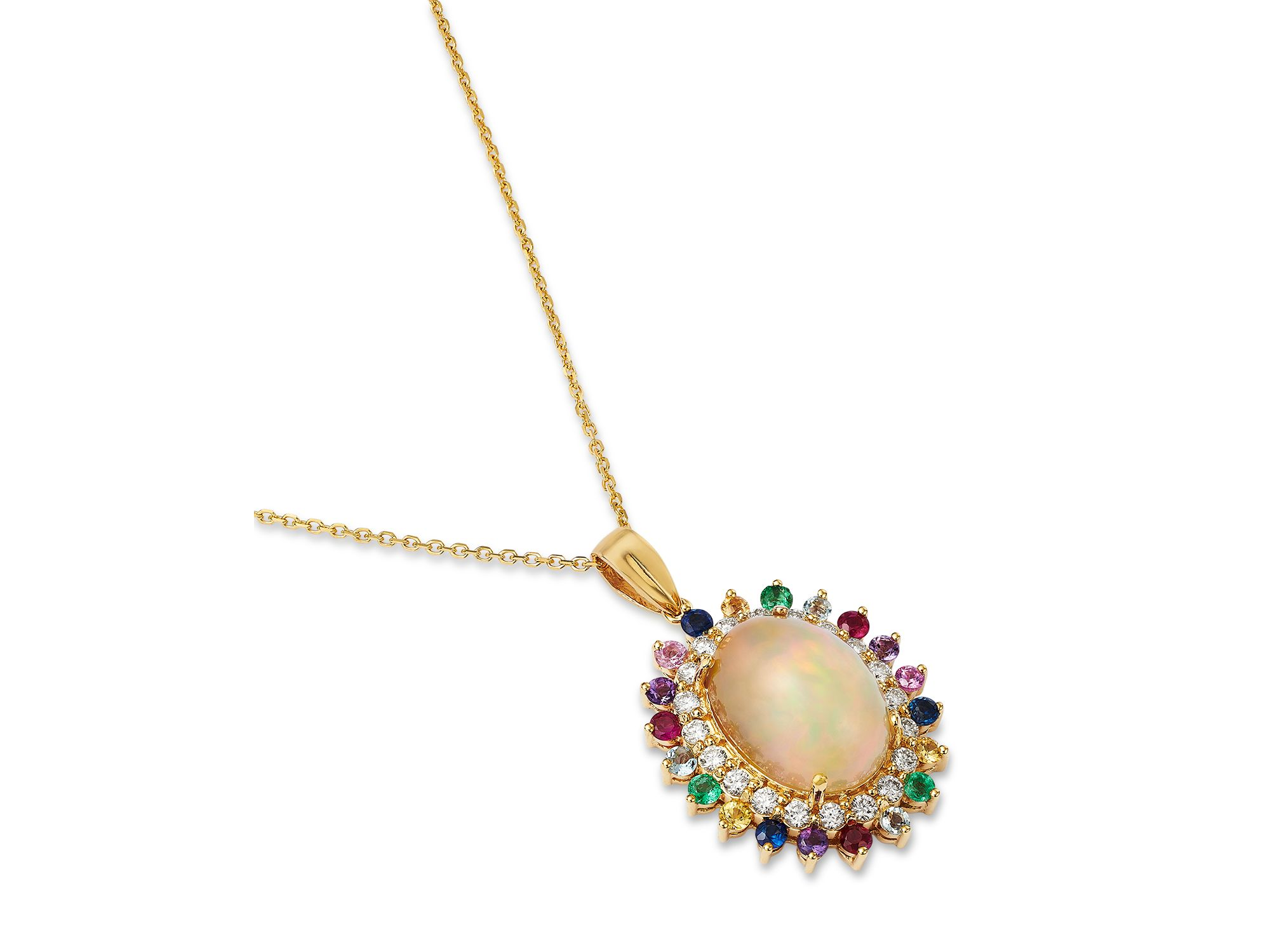 Opal, Multi Gemstone & Diamond Halo Pendant Necklace in 14K Yellow Gold, 16" — Image 3