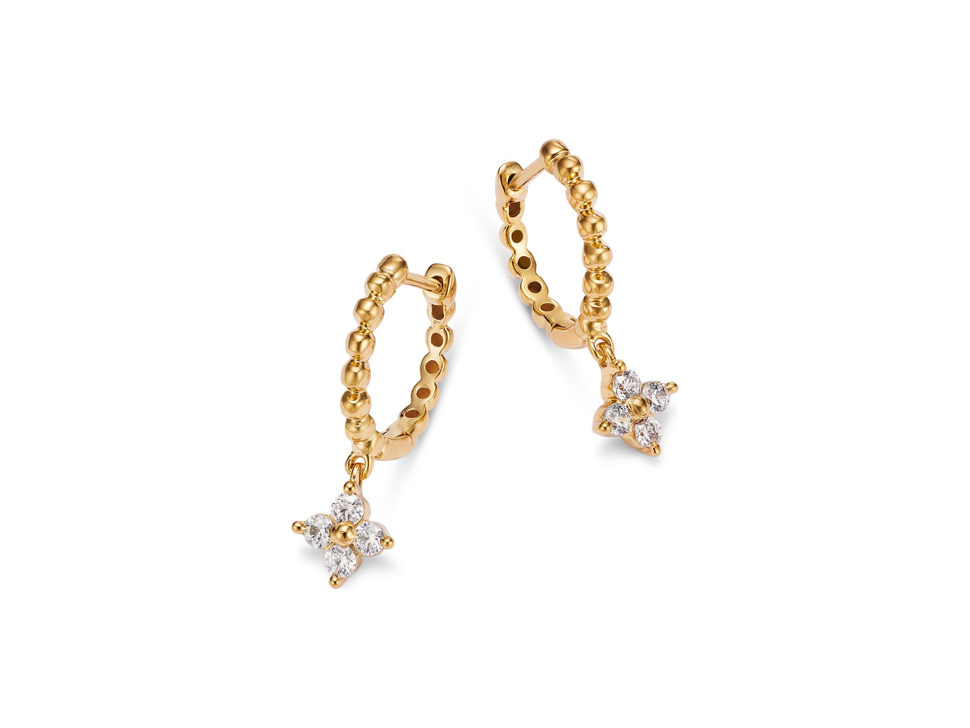 Diamond Flower Dangle & Polished Bead Huggie Hoop Earrings in 14K Yellow Gold, 0.25 tcw — Image 3