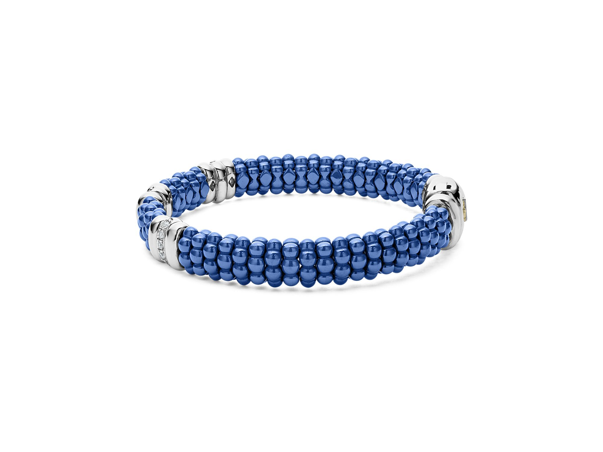 18K Yellow Gold & Sterling Silver Diamond Rondelle & Ultramarine Ceramic Caviar Bead Statement Bracelet — Image 4