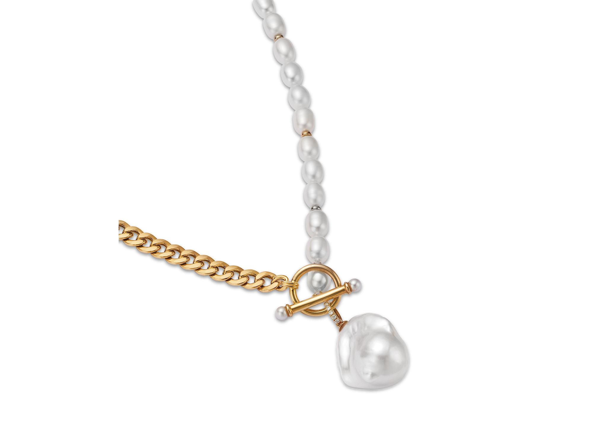 Freshwater Pearl & Diamond Toggle Necklace in 14K Yellow Gold, 18" — Image 3