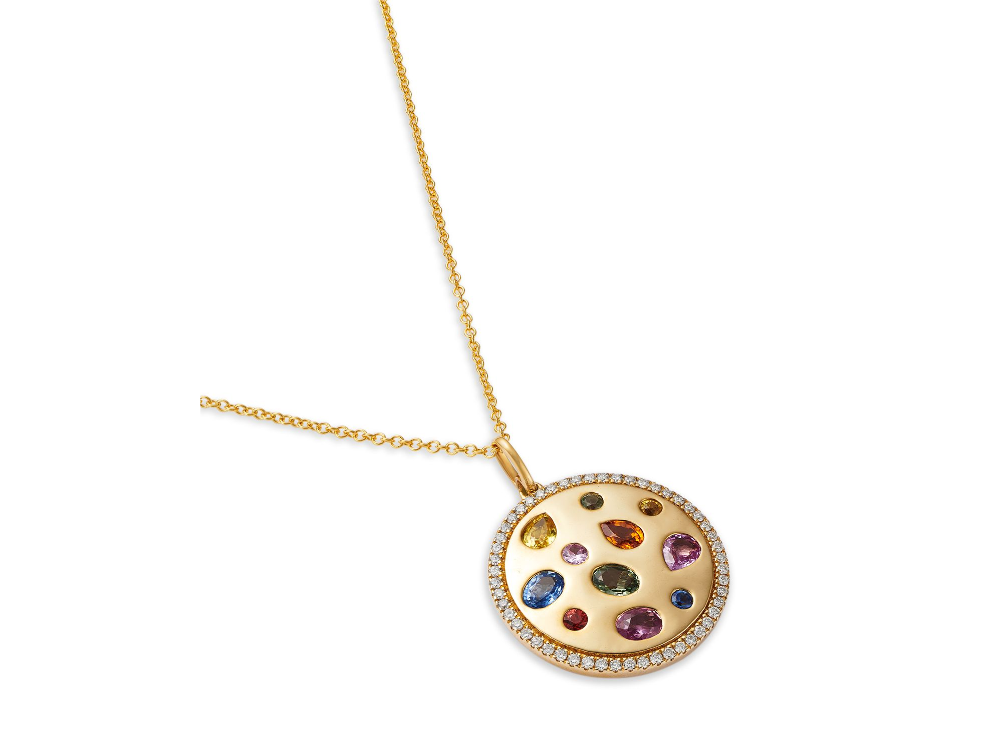 Rainbow Sapphire & Diamond Disc Pendant Necklace in 14K Yellow Gold, 18" — Image 3