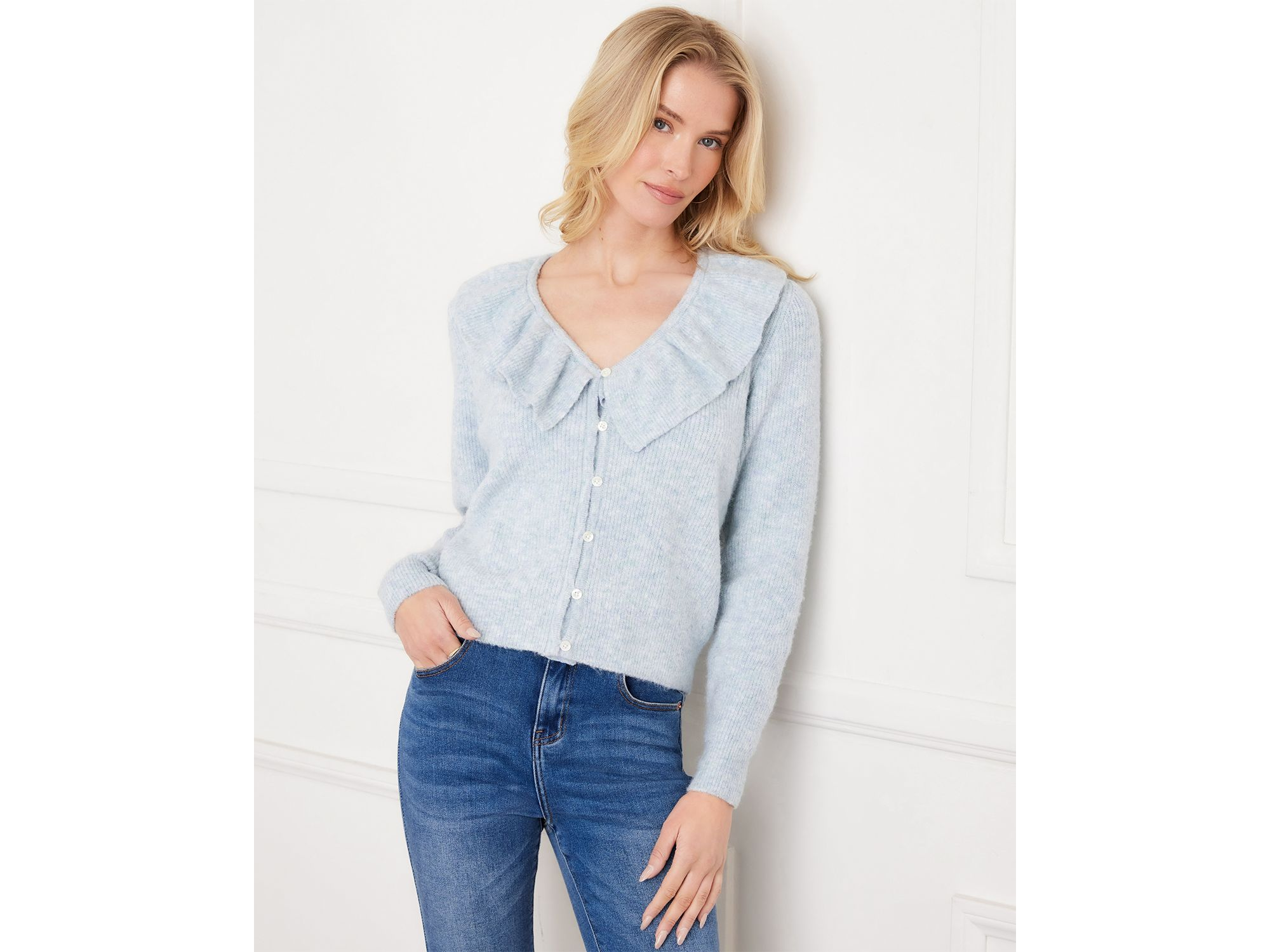 Ruffle Neckline Cardigan Sweater — Image 5