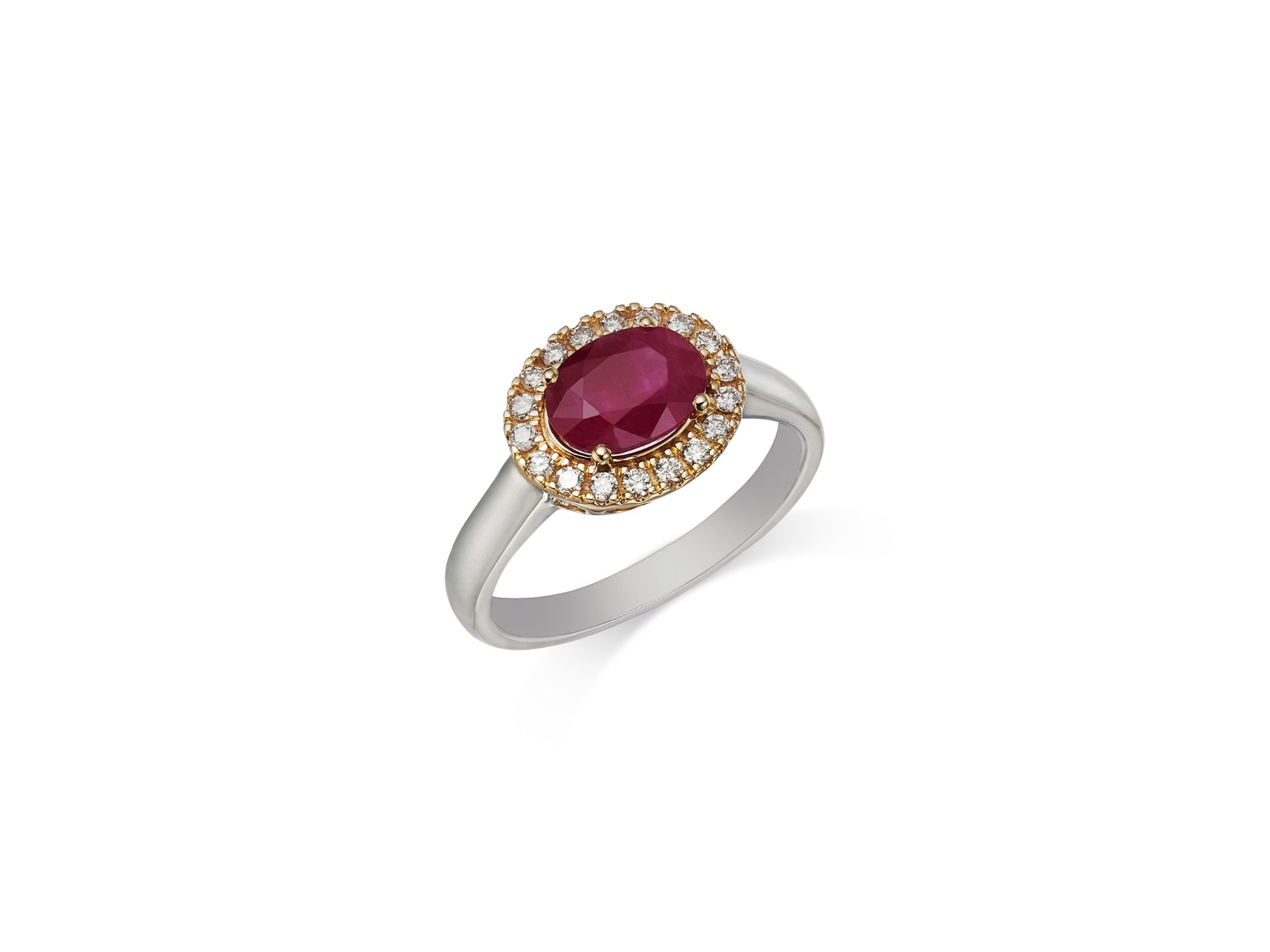 Ruby & Diamond Oval Halo Ring in 14K Yellow & White Gold — Image 3