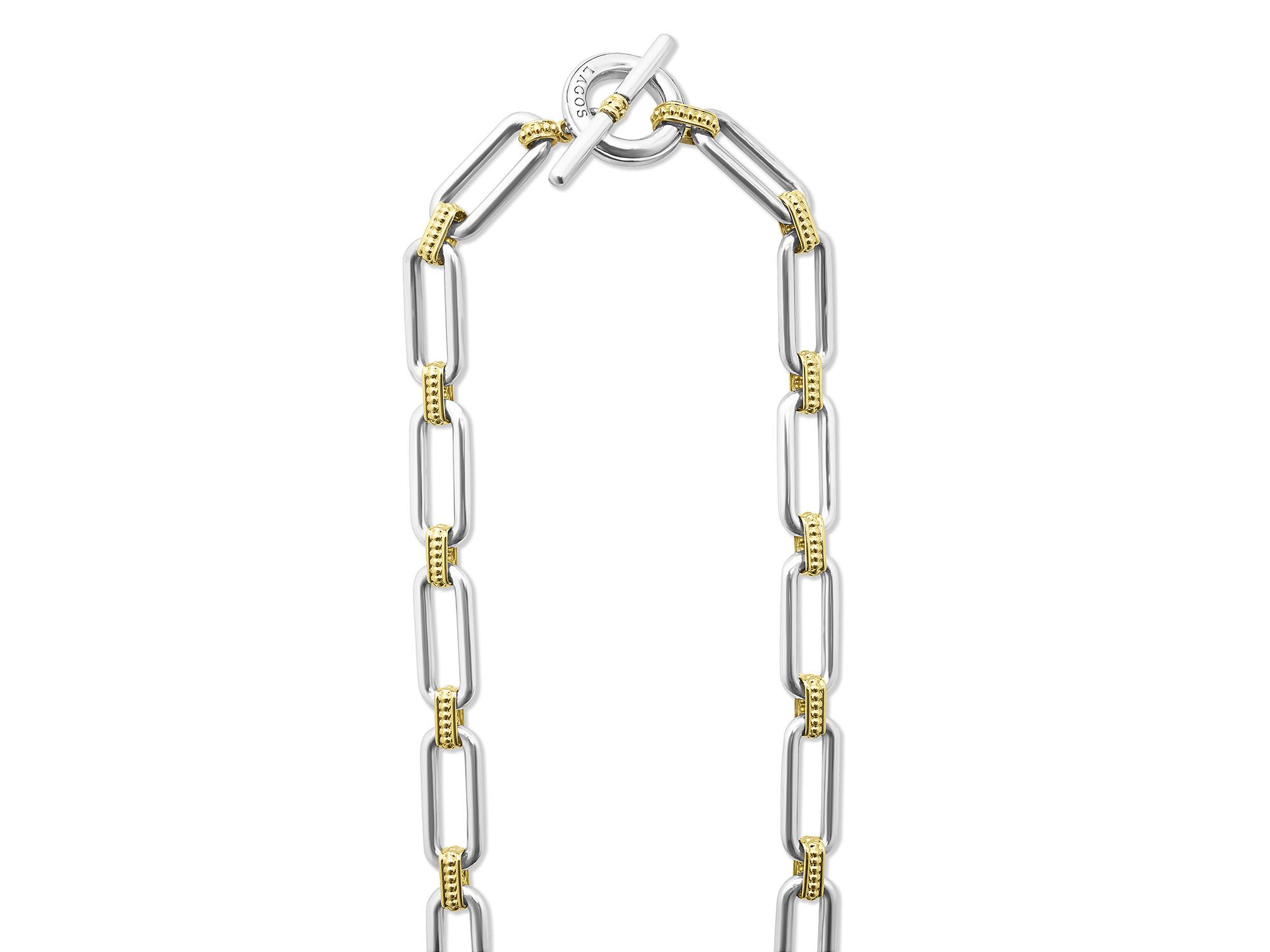 18K Yellow Gold & Sterling Silver Signature Caviar Diamond Trio Station Link Collar Necklace, 18" — Image 4