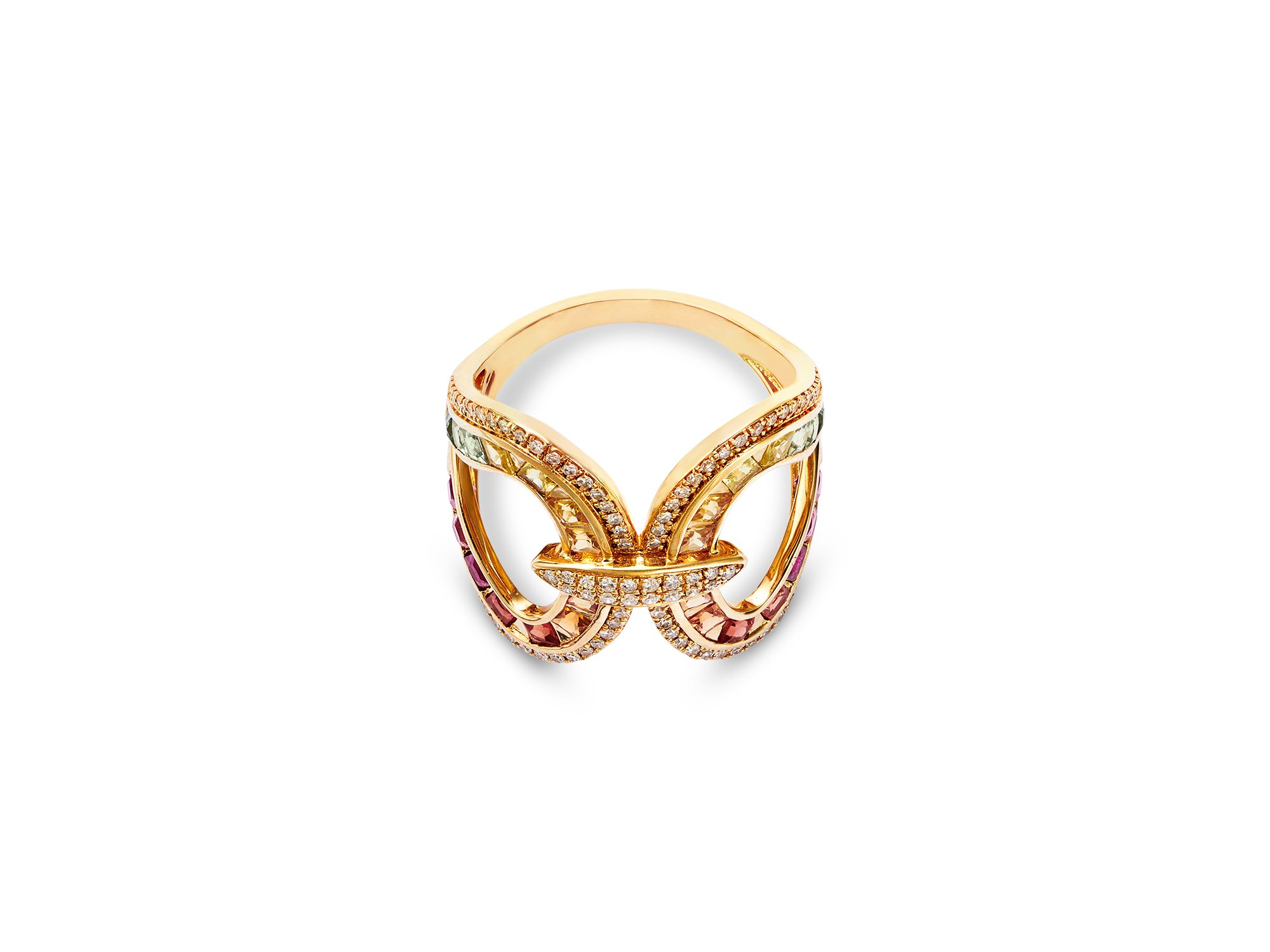 Rainbow Sapphire & Diamond Open Ring in 14K Yellow Gold — Image 3