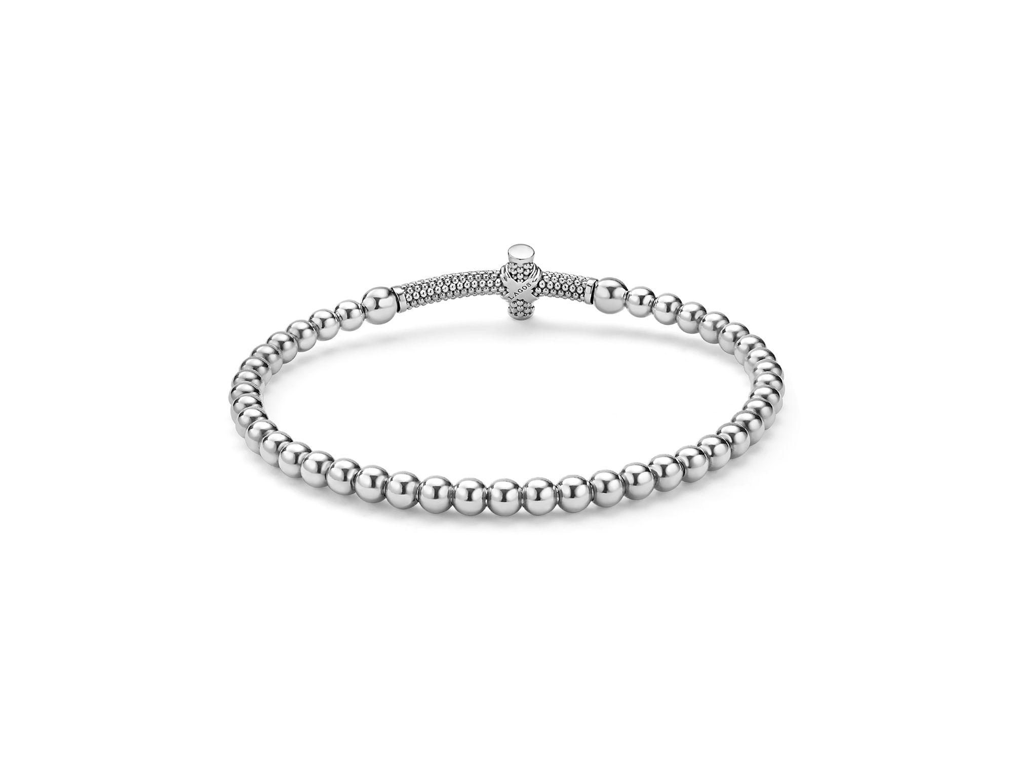 18K Yellow Gold & Sterling Signature Caviar East West Cross Beaded Stretch Bracelet — Image 4