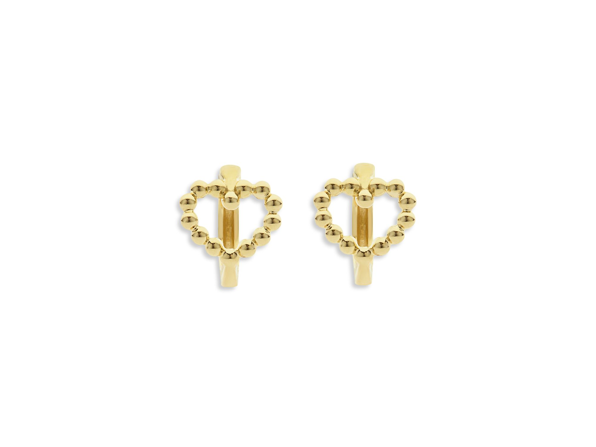 18K Yellow Gold Caviar Gold Beaded Heart Huggie Hoop Earrings — Image 3