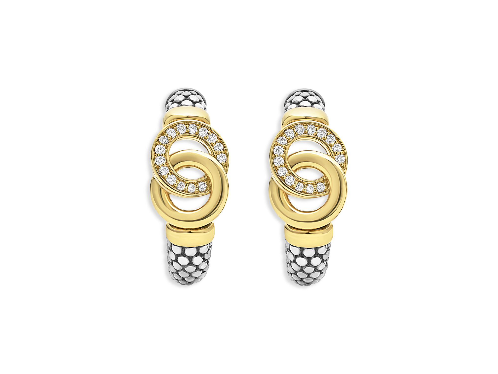 18K Yellow Gold & Sterling Signature Caviar Diamond Interlocking Hoop Earrings — Image 3