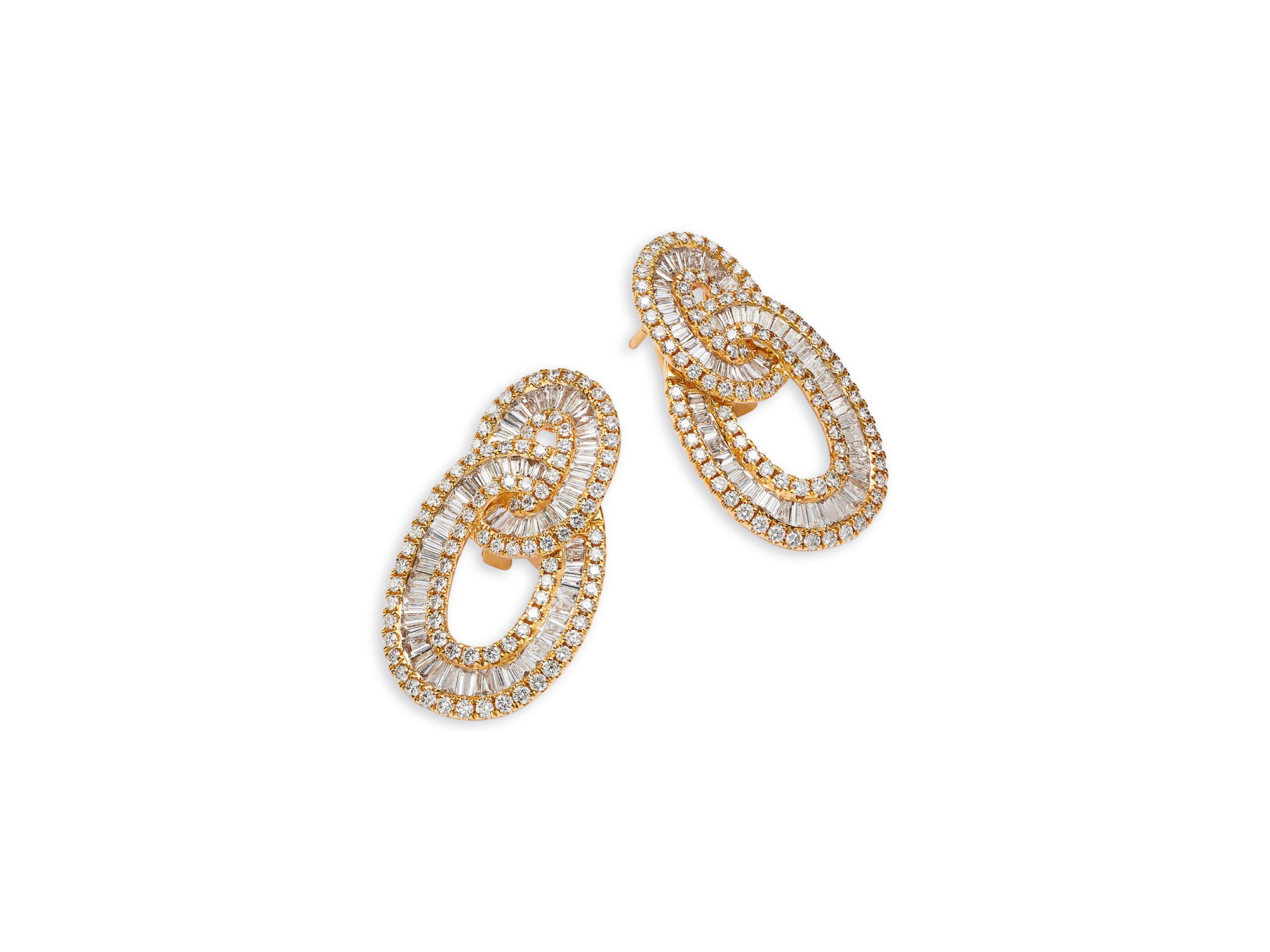 Diamond Baguette & Round Interlocking Circle Drop Earrings in 14K Yellow Gold, 2.67 tcw — Image 3