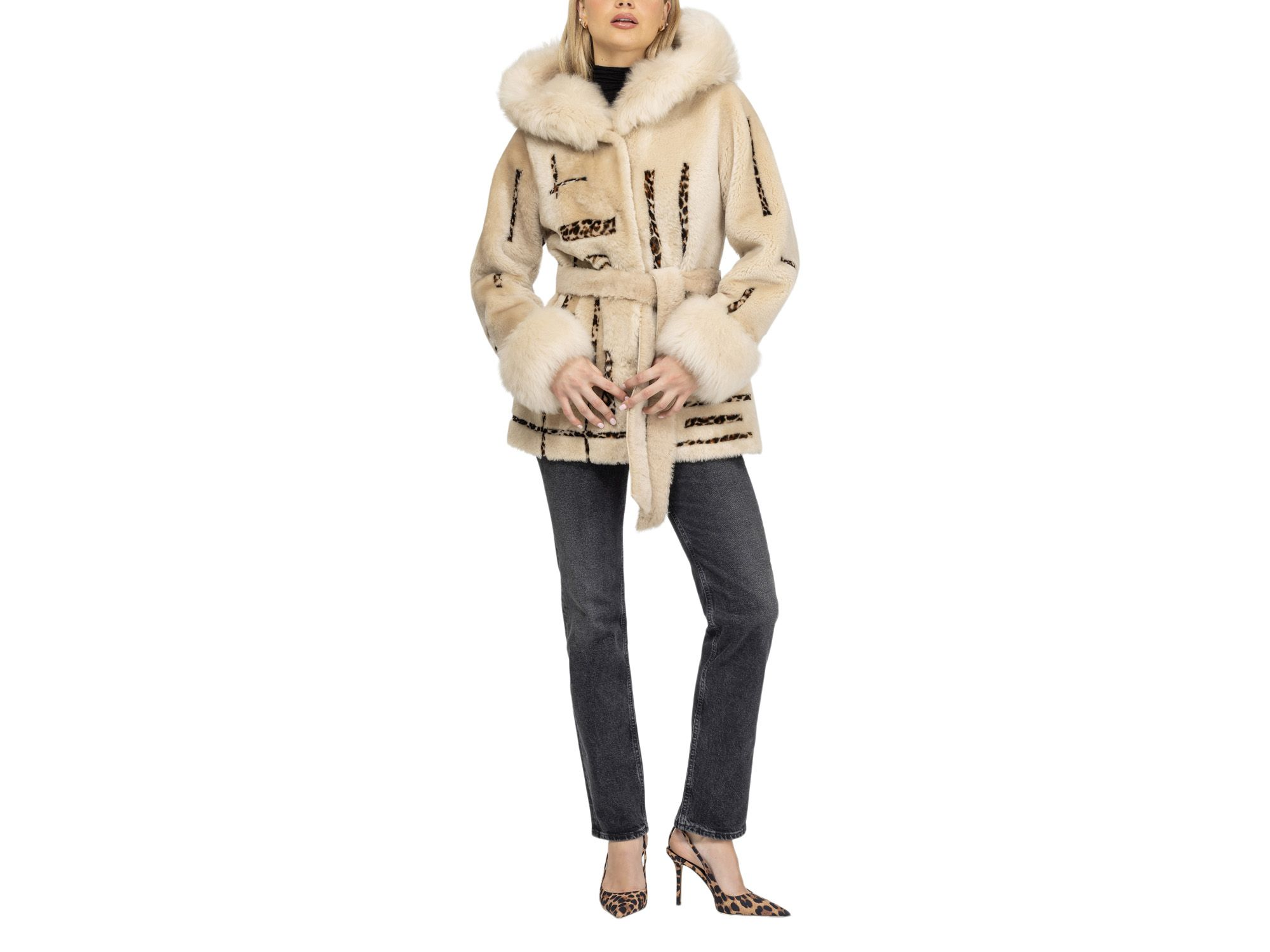 Reversible Shearling Parka with Shearling Hood Trim & Cuffs with Belt Coat — Image 5