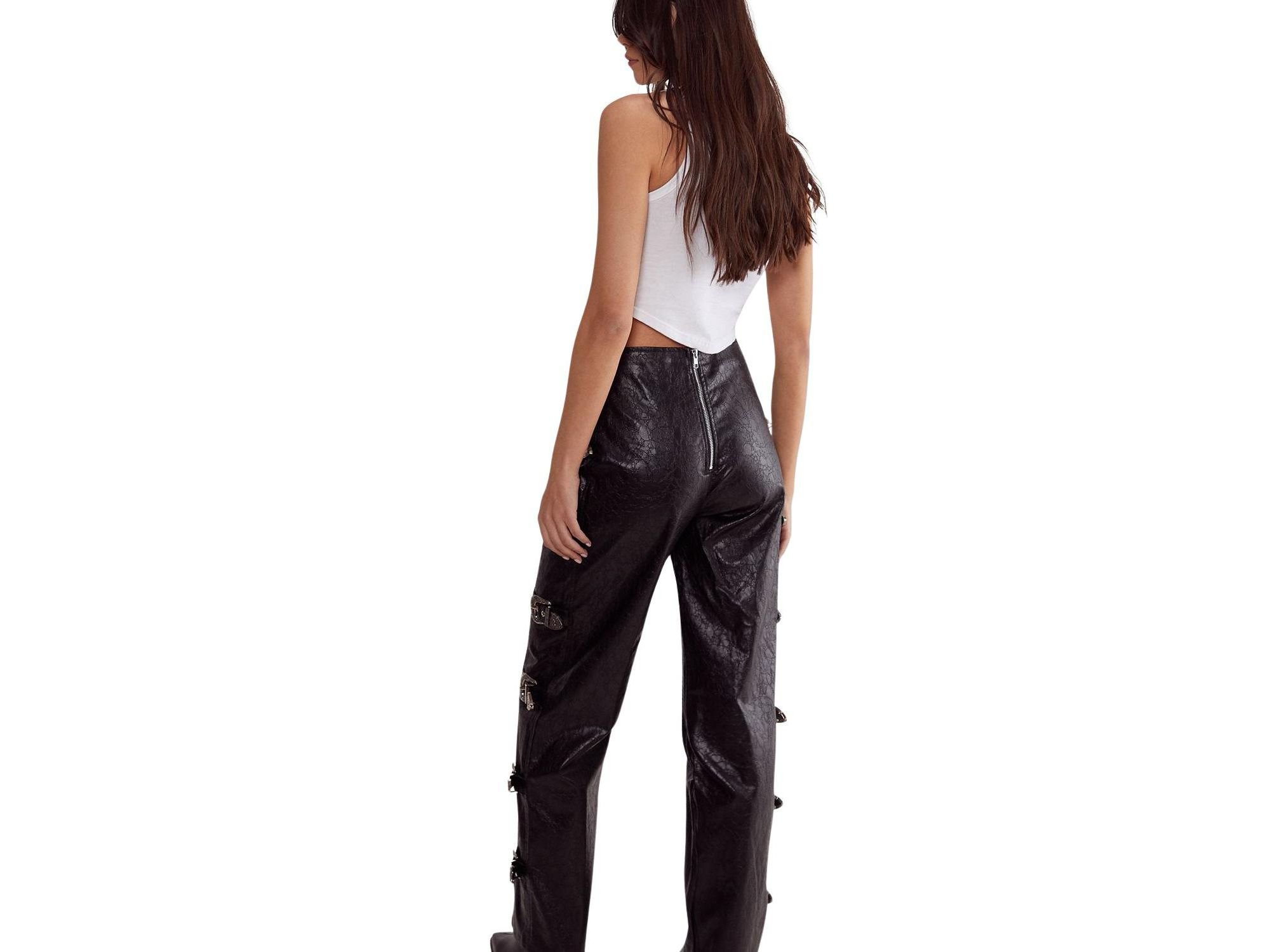 Faux Leather Buckle Detail Pants — Image 4