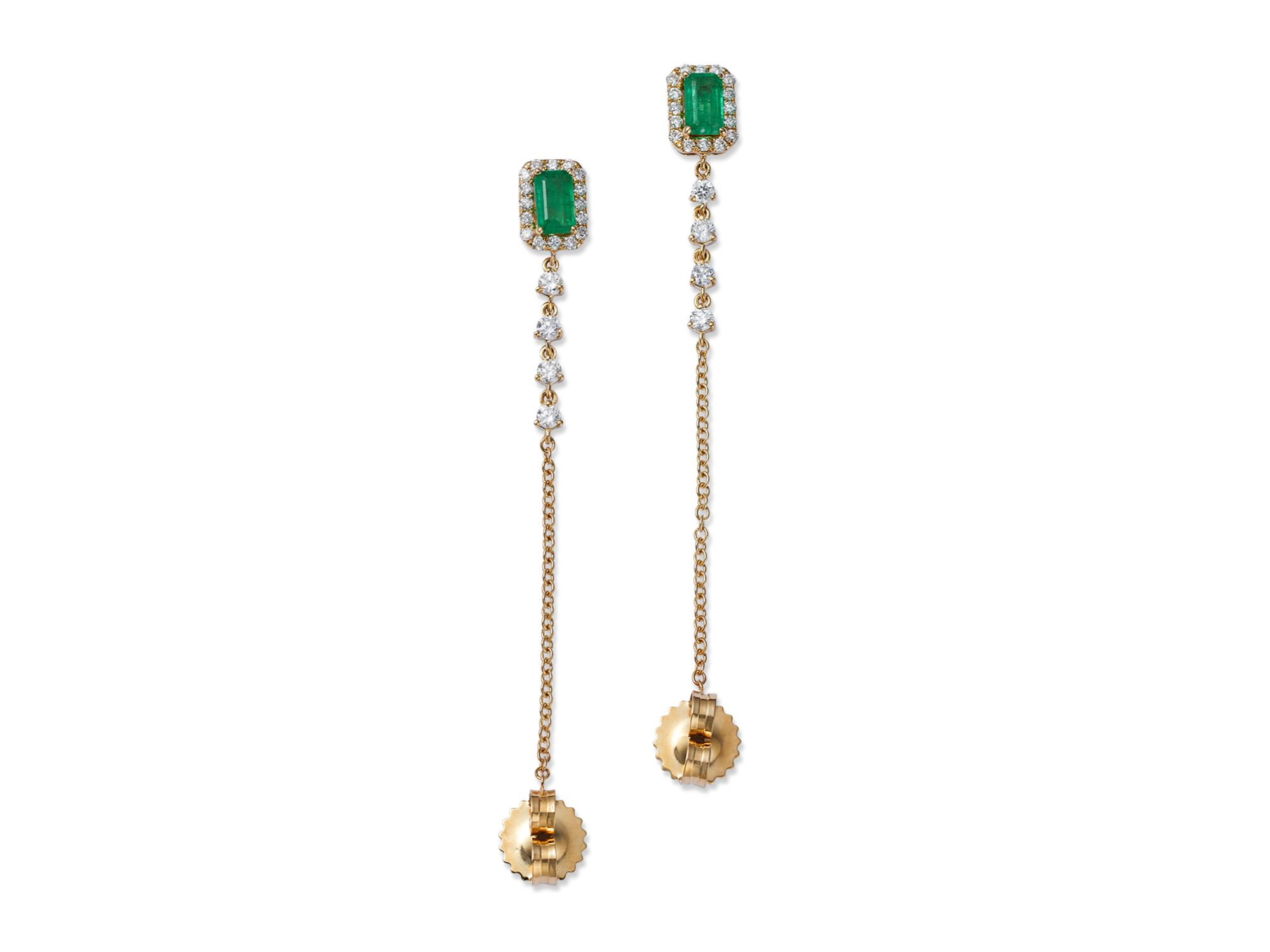 Emerald & Diamond Halo Chain Drop Earrings in 14K Yellow Gold — Image 5