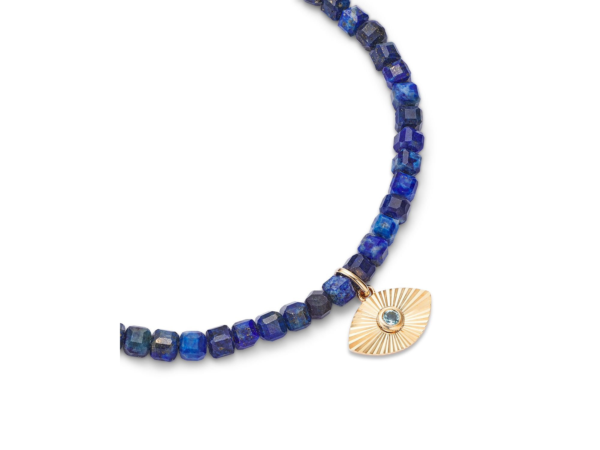 London Blue Topaz & Lapis Lazuli Bead Evil Eye Charm Bracelet in 14K Yellow Gold — Image 3