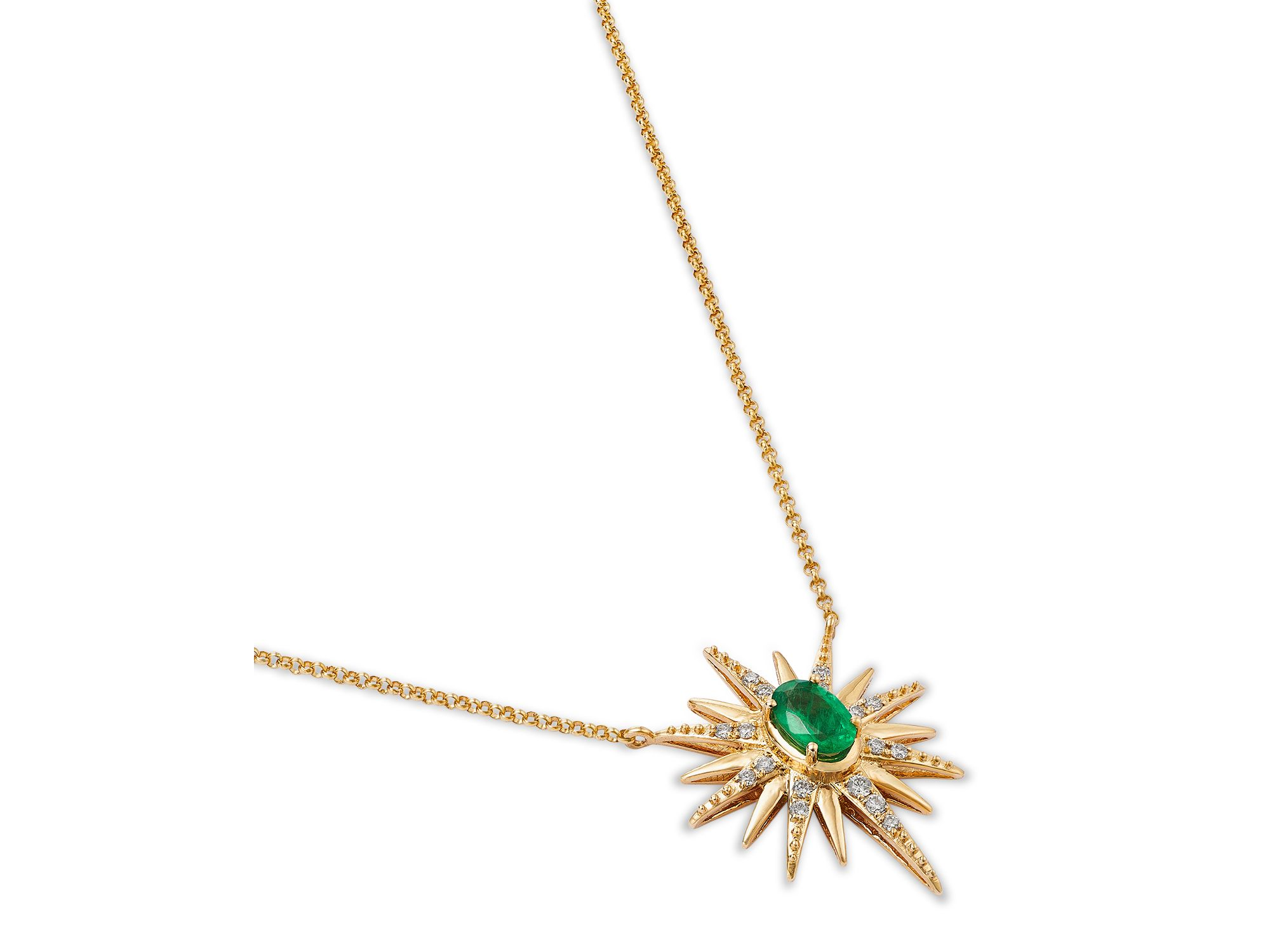 Emerald & Diamond Starburst Pendant Necklace in 14K Yellow Gold, 18" — Image 3