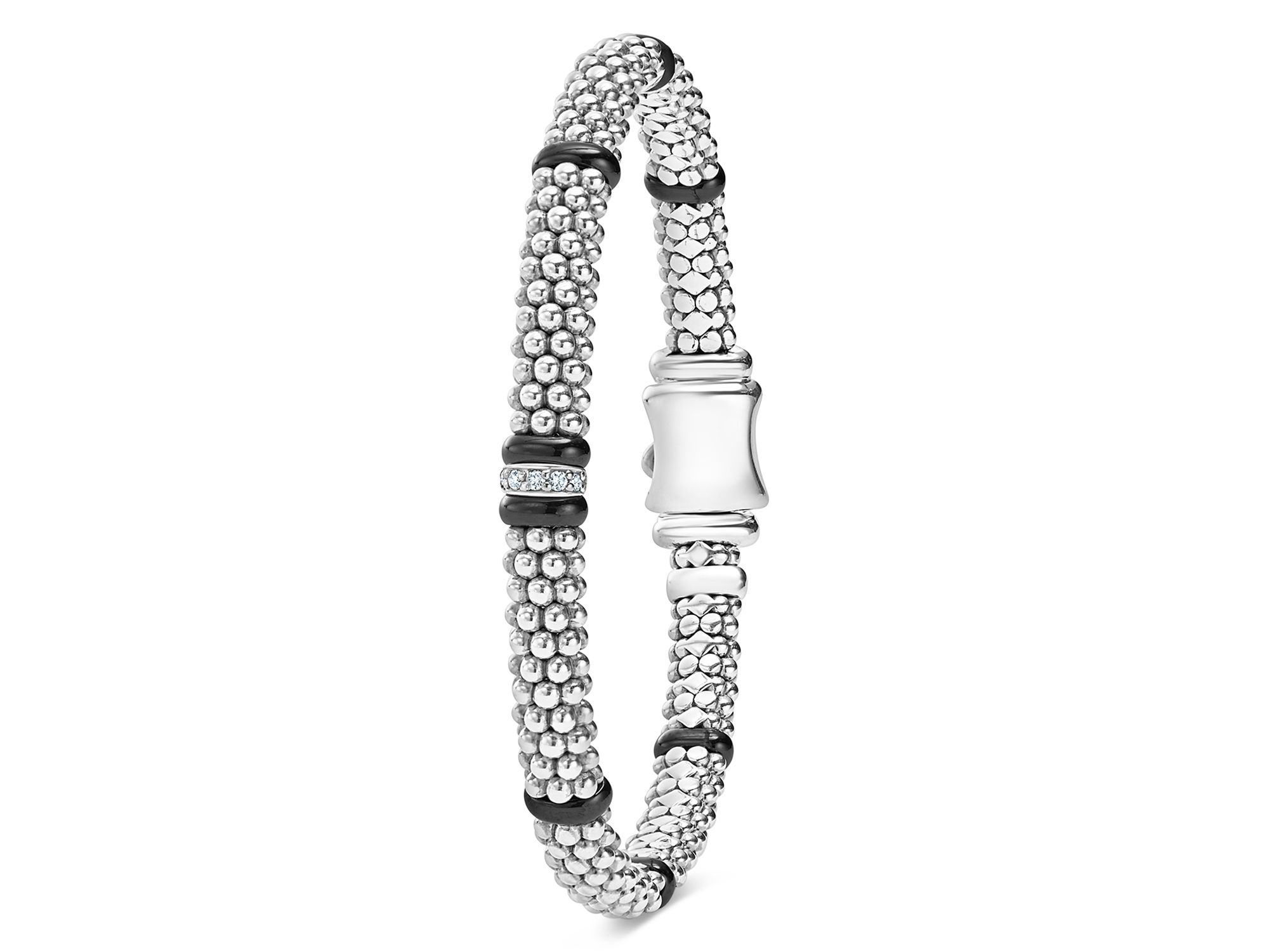 Single Station Diamond Black Caviar Bracelet in Sterling Silver — Image 3
