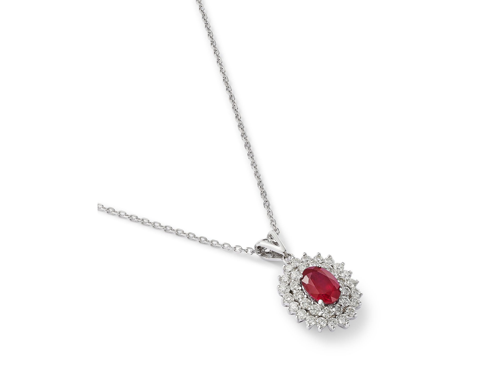 Ruby & Diamond Halo Pendant Necklace in 14K White Gold, 16" — Image 3