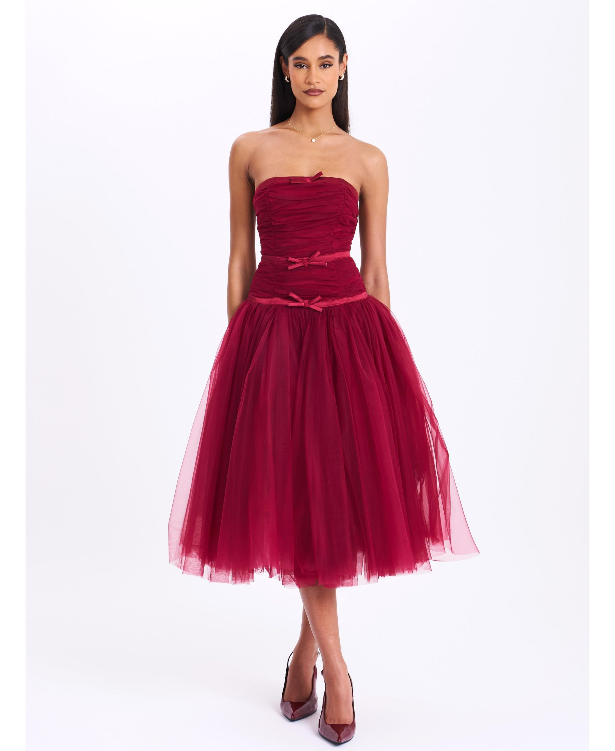 Mabel Drop Waist Layered Mesh Midi Puffy Dress with Bow — Image 7