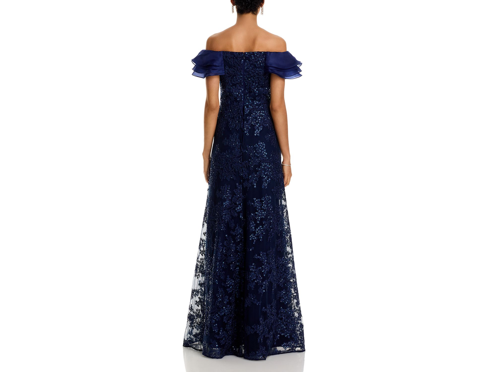 Organza Off Shoulder Sequin Embroidered Tulle Gown — Image 3