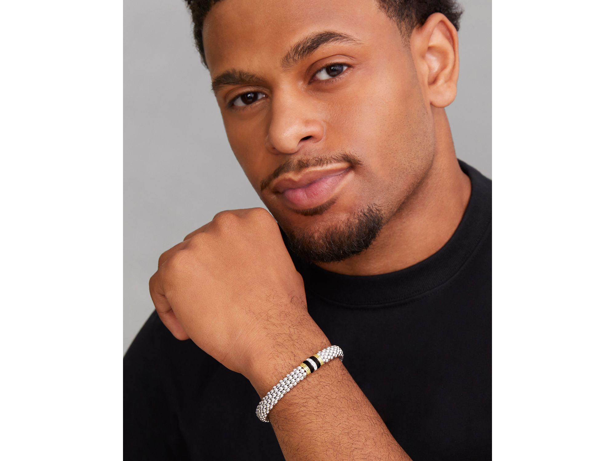 18K Yellow Gold & Sterling Black Caviar Ceramic & Diamond Bead Link Bracelet — Image 3
