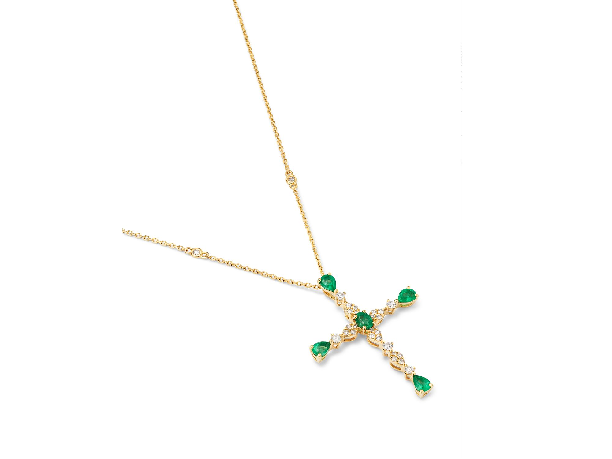 Emerald & Diamond Cross Pendant Necklace in 14K Yellow Gold — Image 3