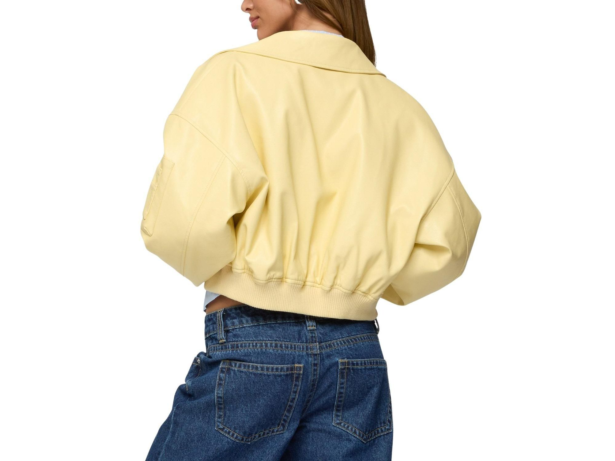 Zayna Cropped Faux Leather Bomber Jacket — Image 3
