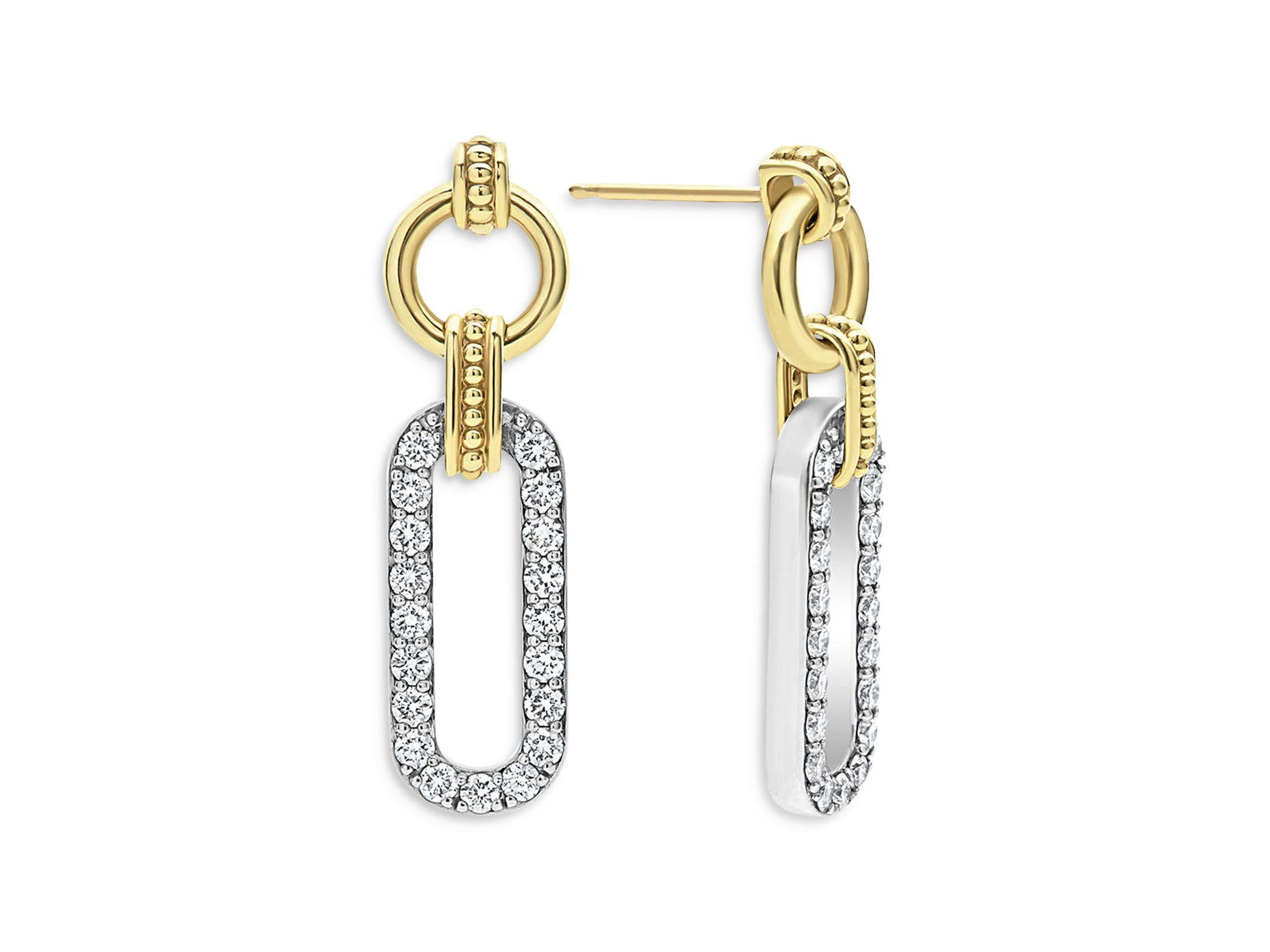 18K Yellow Gold & Sterling Silver Signature Caviar Diamond Link Drop Earrings — Image 4