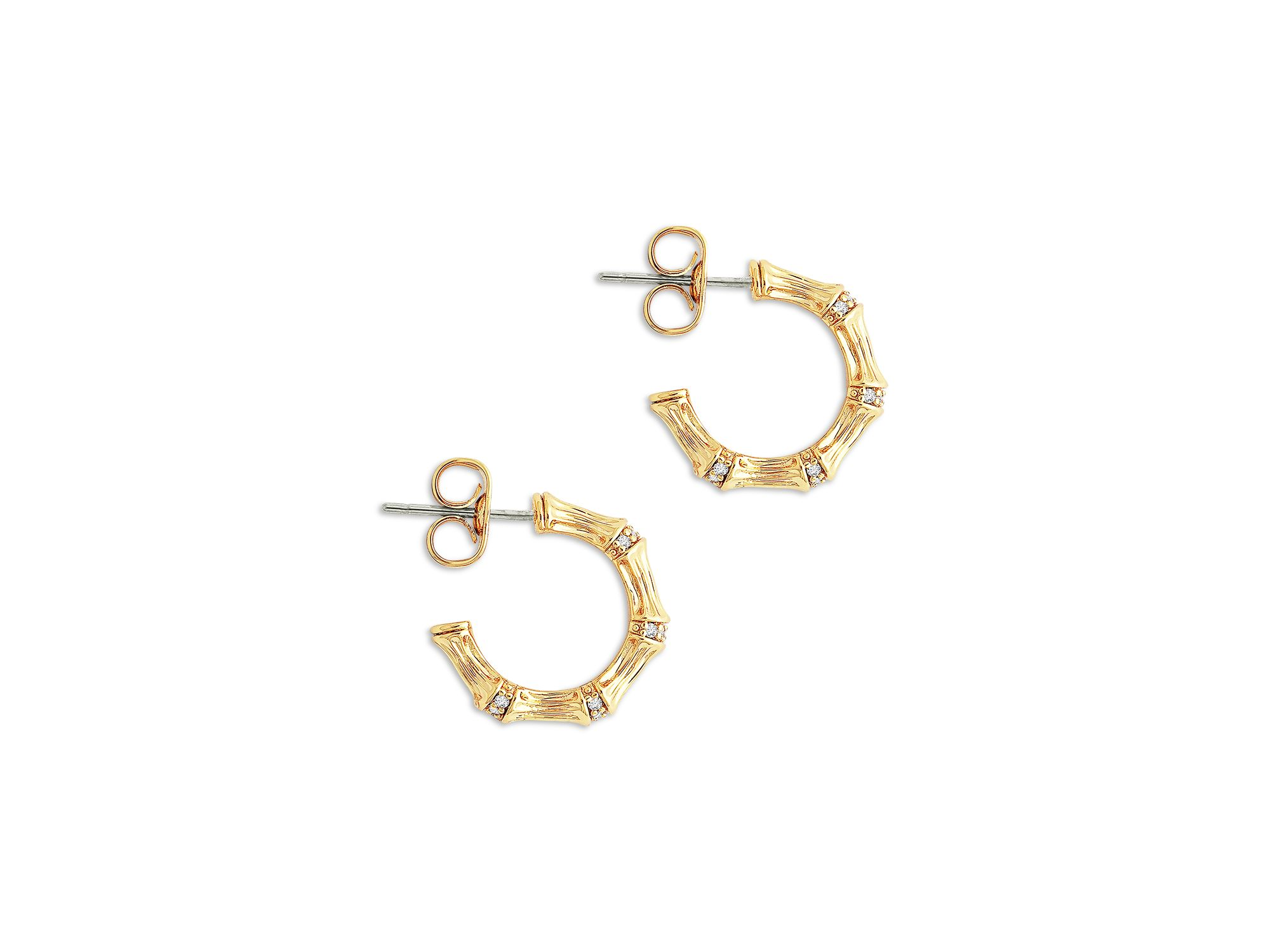 Pavé Bamboo Huggie Hoop Earrings in 18K Gold Plated — Image 3