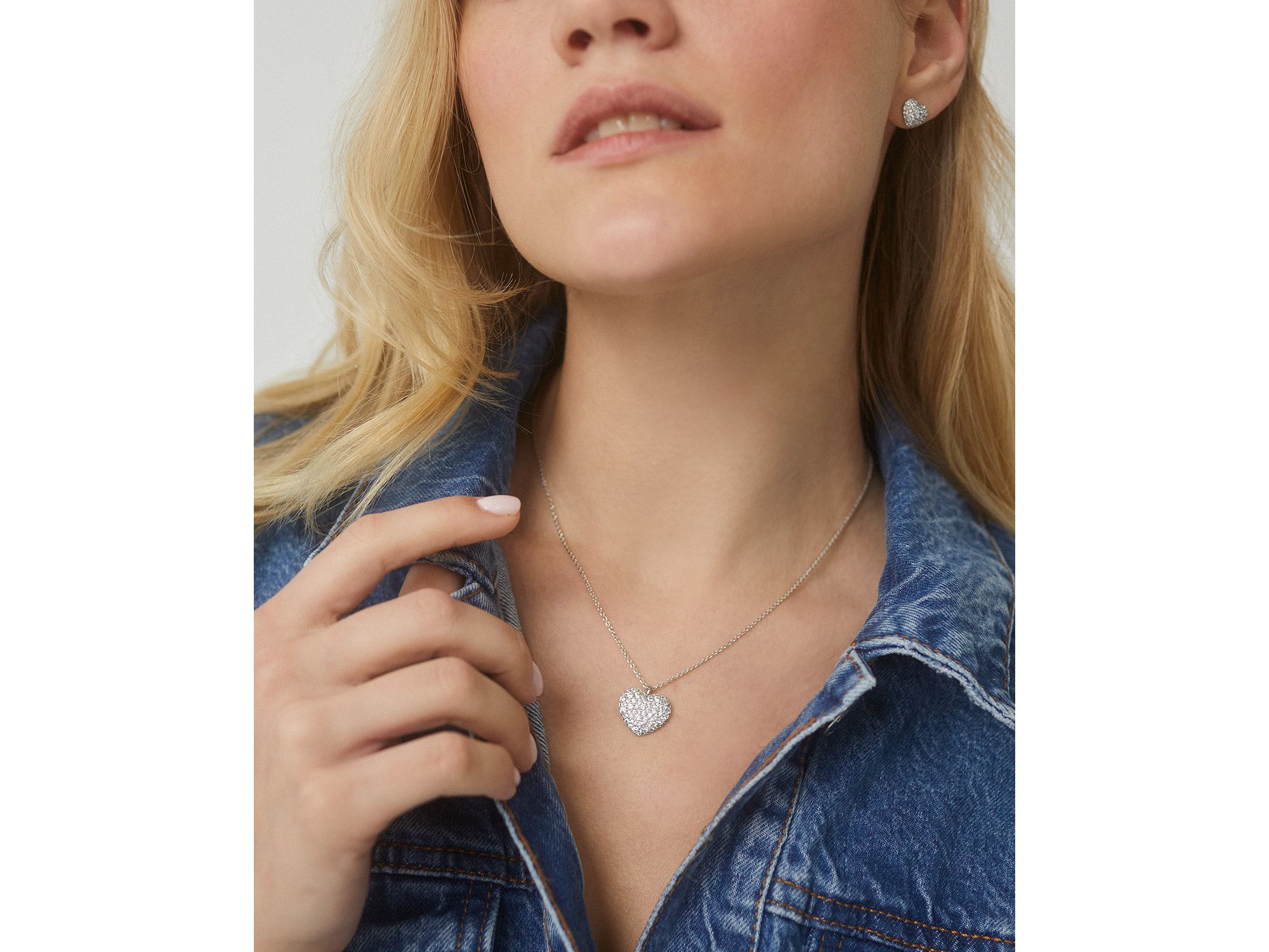 Cubic Zirconia Heart Pendant Necklace in Rhodium Plated, 16"-18" — Image 3