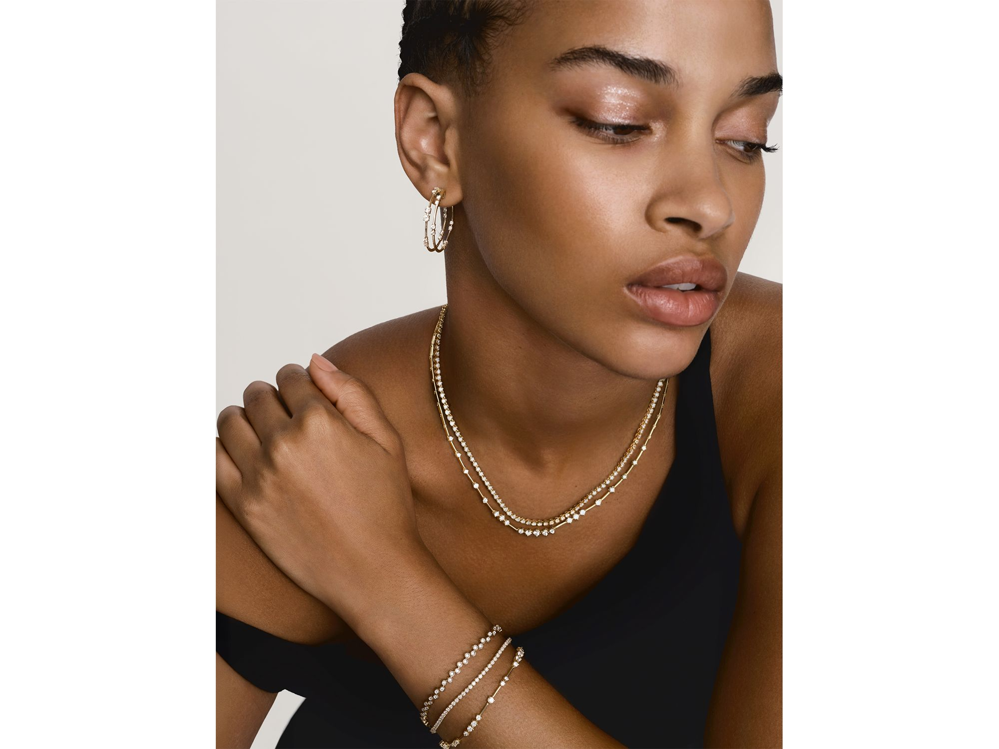 Diamond Scattered Double Hoop Earrings in 14K Yellow Gold, 1.0 tcw — Image 3