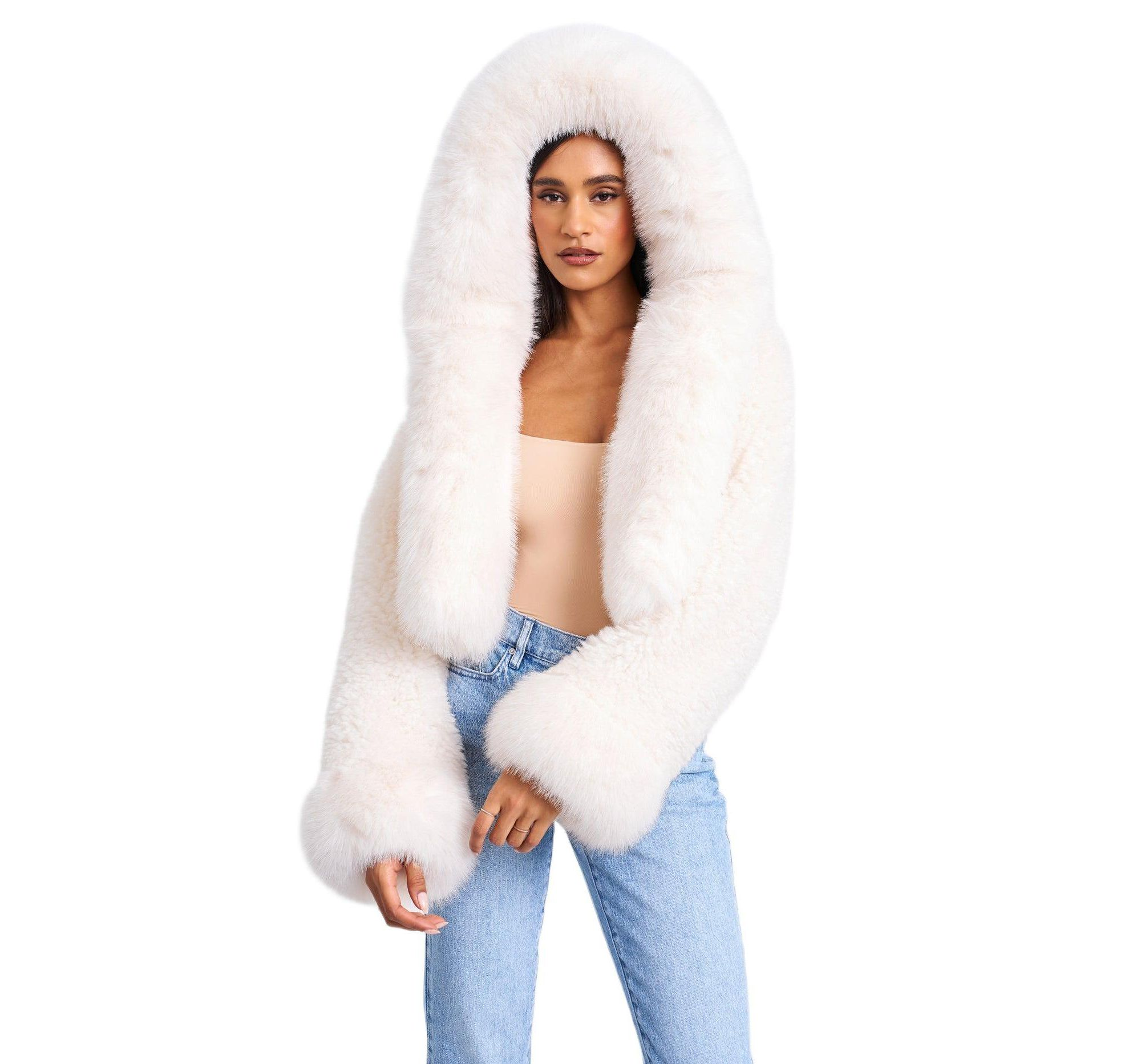 Kali Cropped Faux Fur Jacket with Hood — Image 8