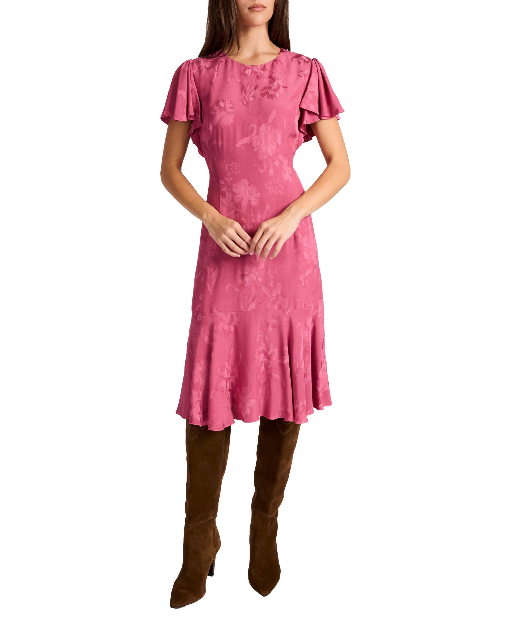 Grazia Flutter Sleeve Sheath Dress in Floral Jacquard - Image 1