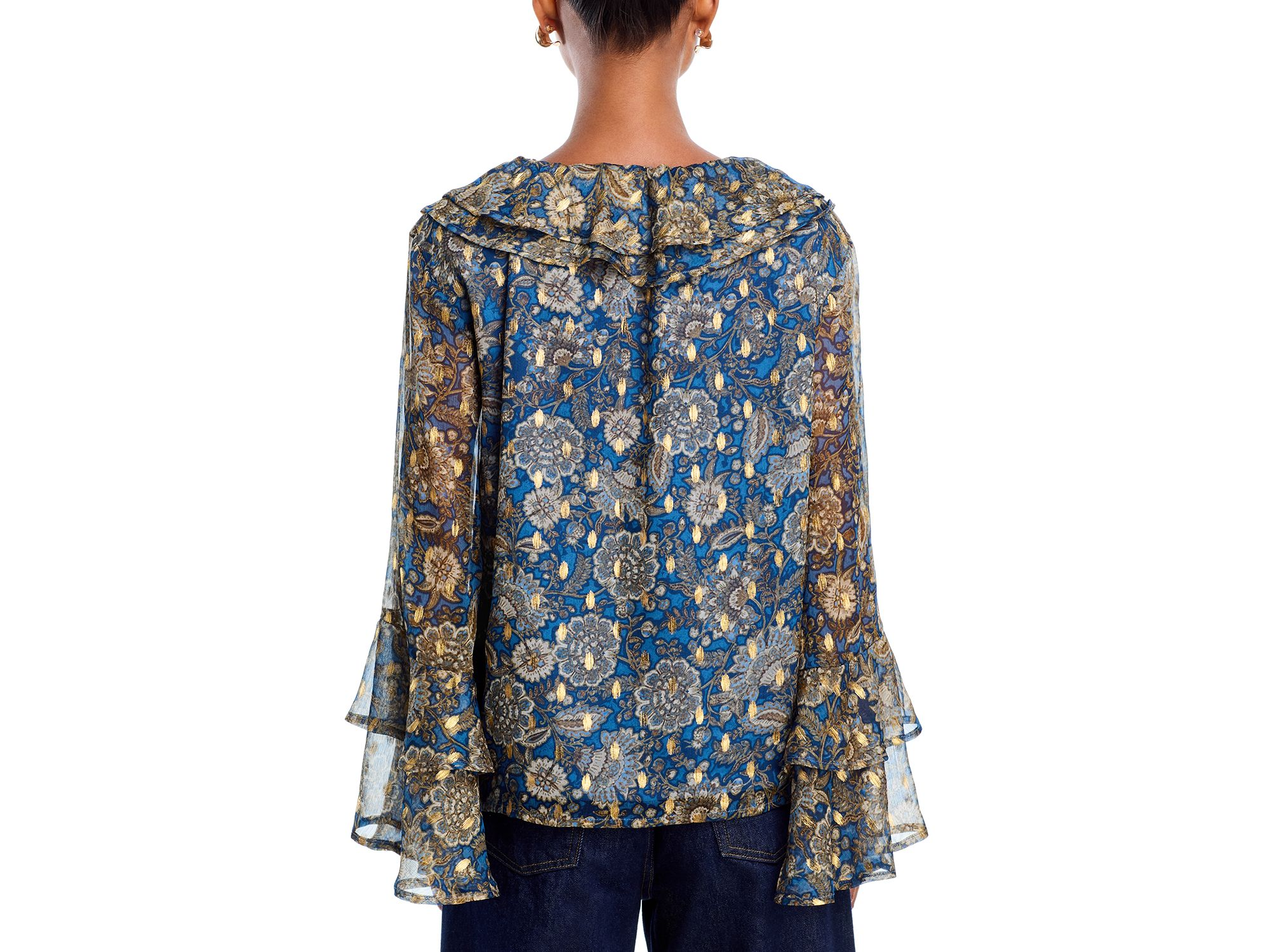 Block Floral Metallic Dot Ruffle Tie Front Blouse - Exclusive — Image 3
