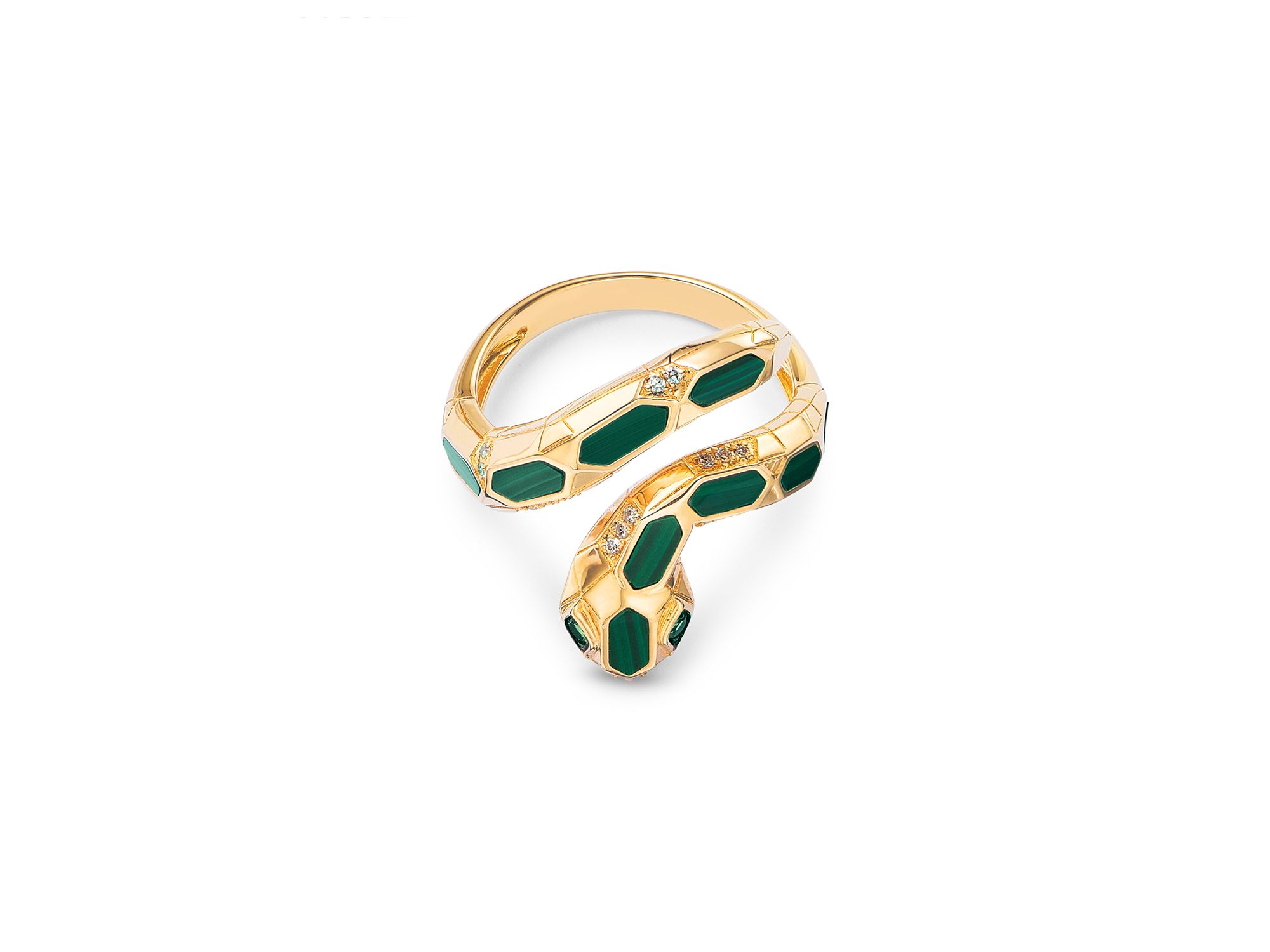 14K Yellow Gold Malachite Snake Ring with Diamonds, 0.07 tcw — Image 3