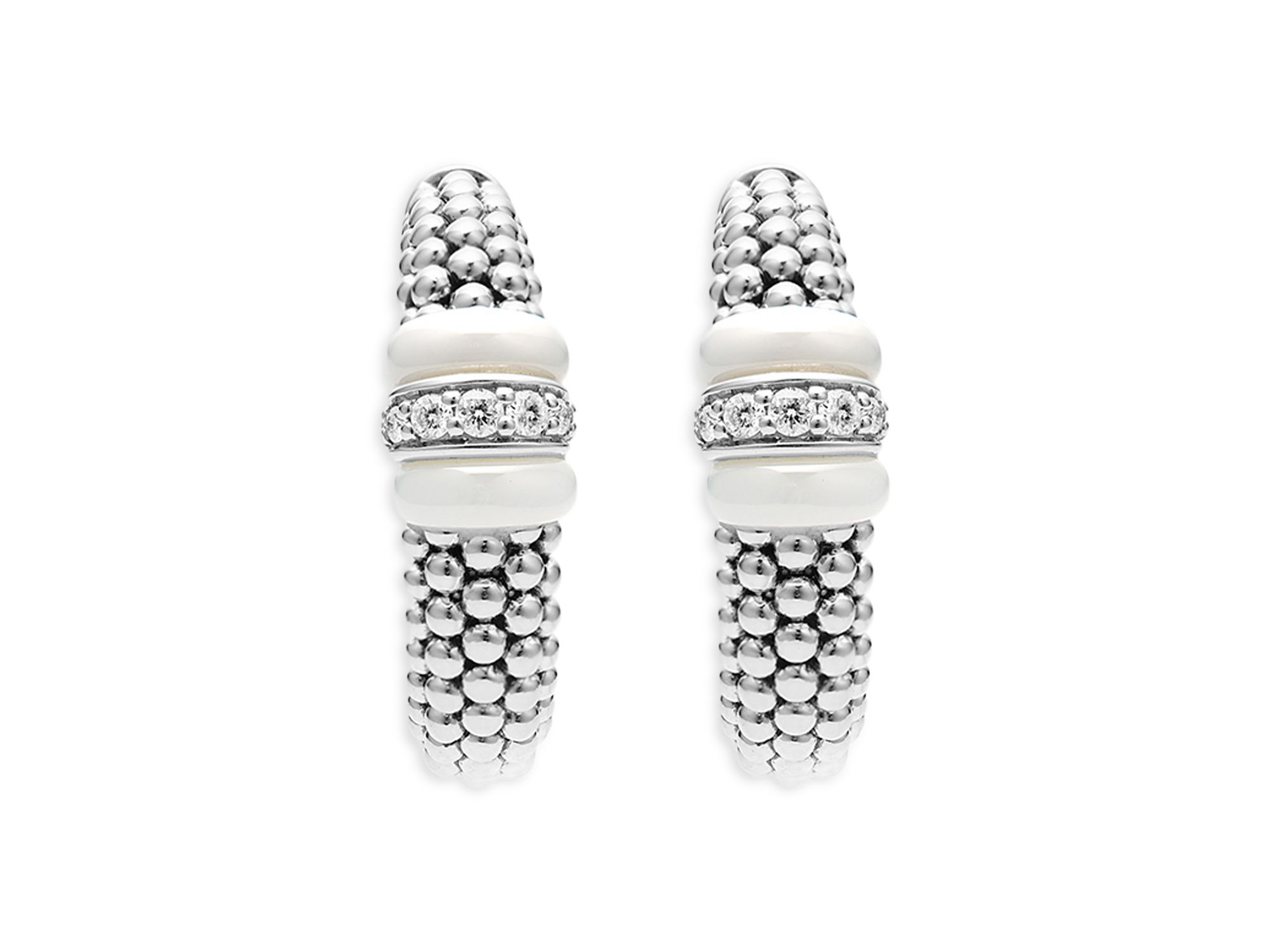 Ceramic & Sterling Silver White Caviar Diamond Hoop Earrings — Image 3