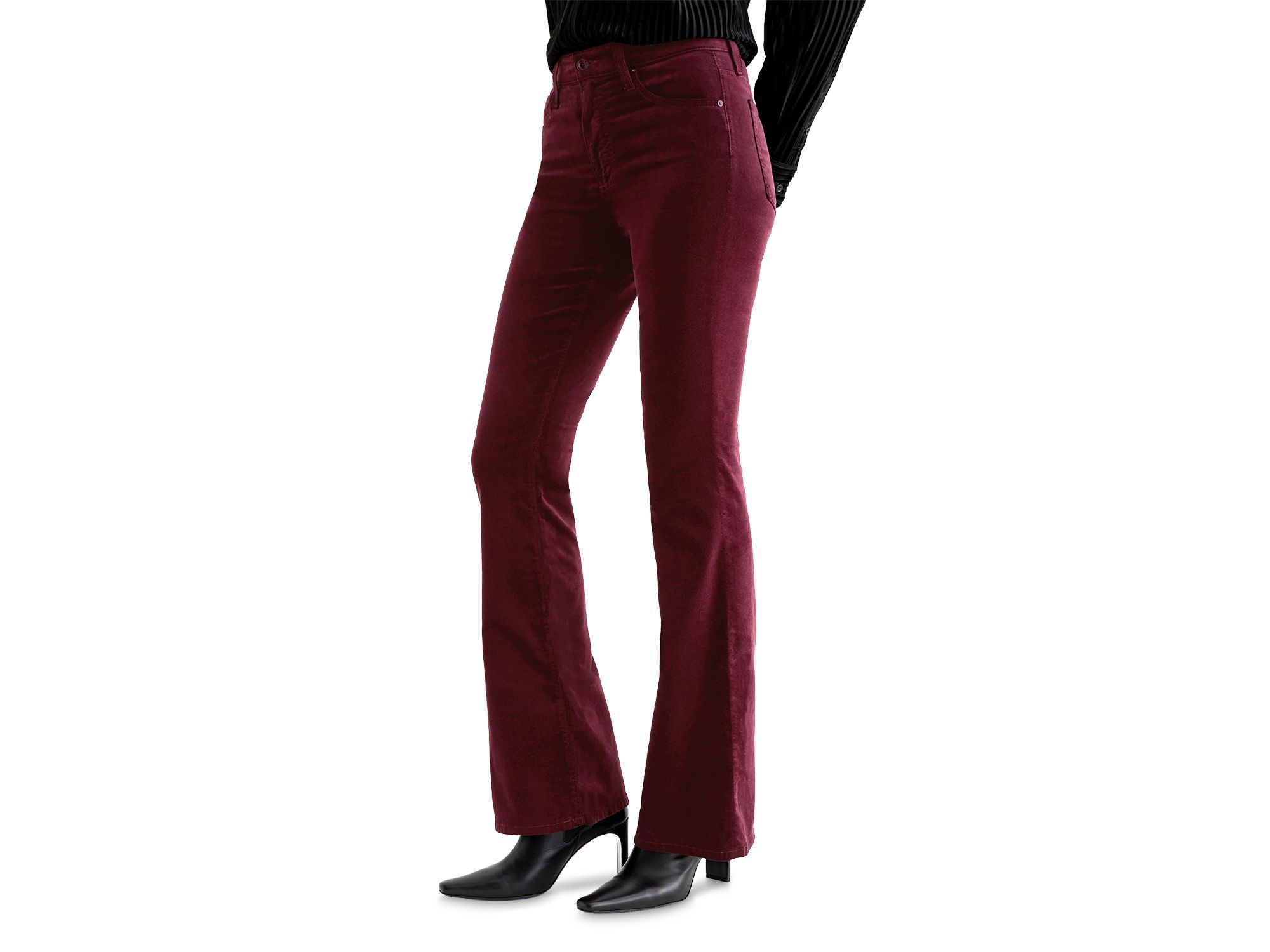Farrah Mid Rise Velvet Bootcut Jeans in Winery — Image 4
