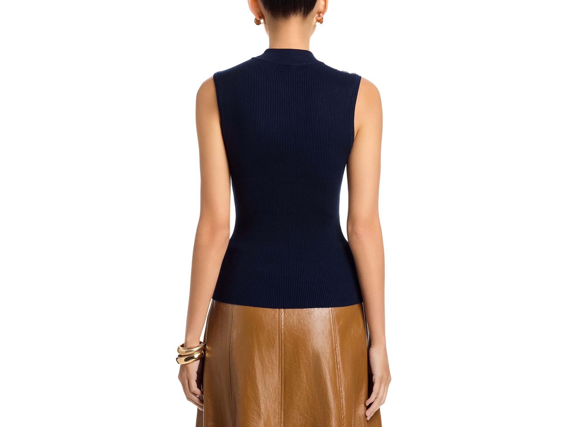 Sleeveless Rib Chain Trim Mock Neck Pullover Sweater — Image 3