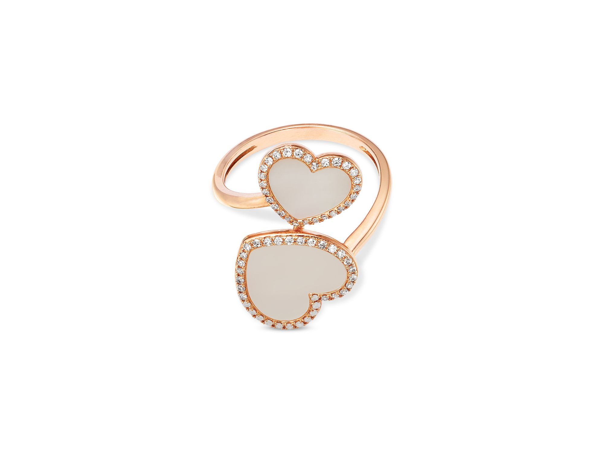 Mother of Pearl & Diamond Double Heart Bypass Ring in 14K Rose Gold — Image 3