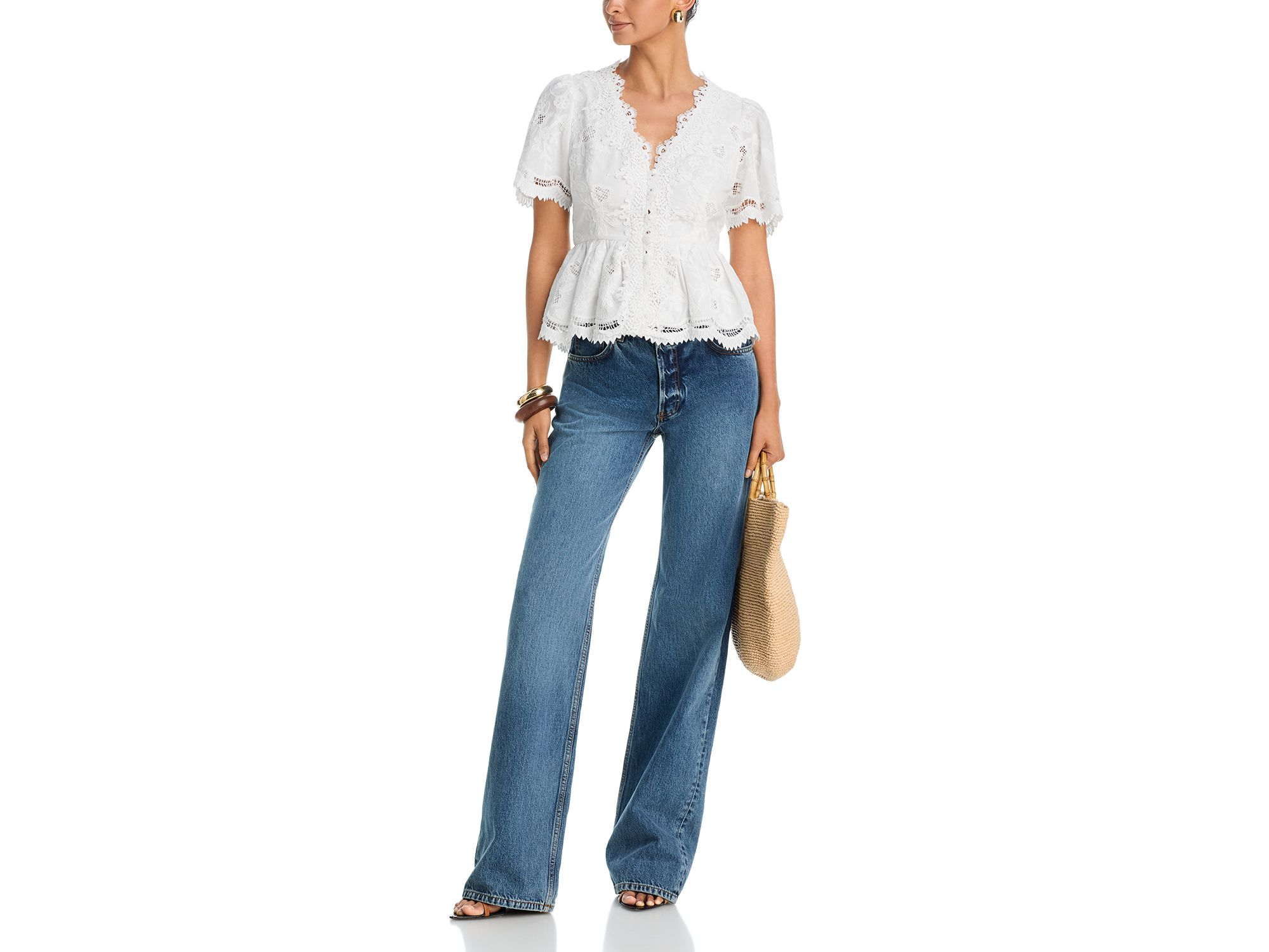 Embroidered Lace Button Down V Neck Top - Exclusive — Image 4