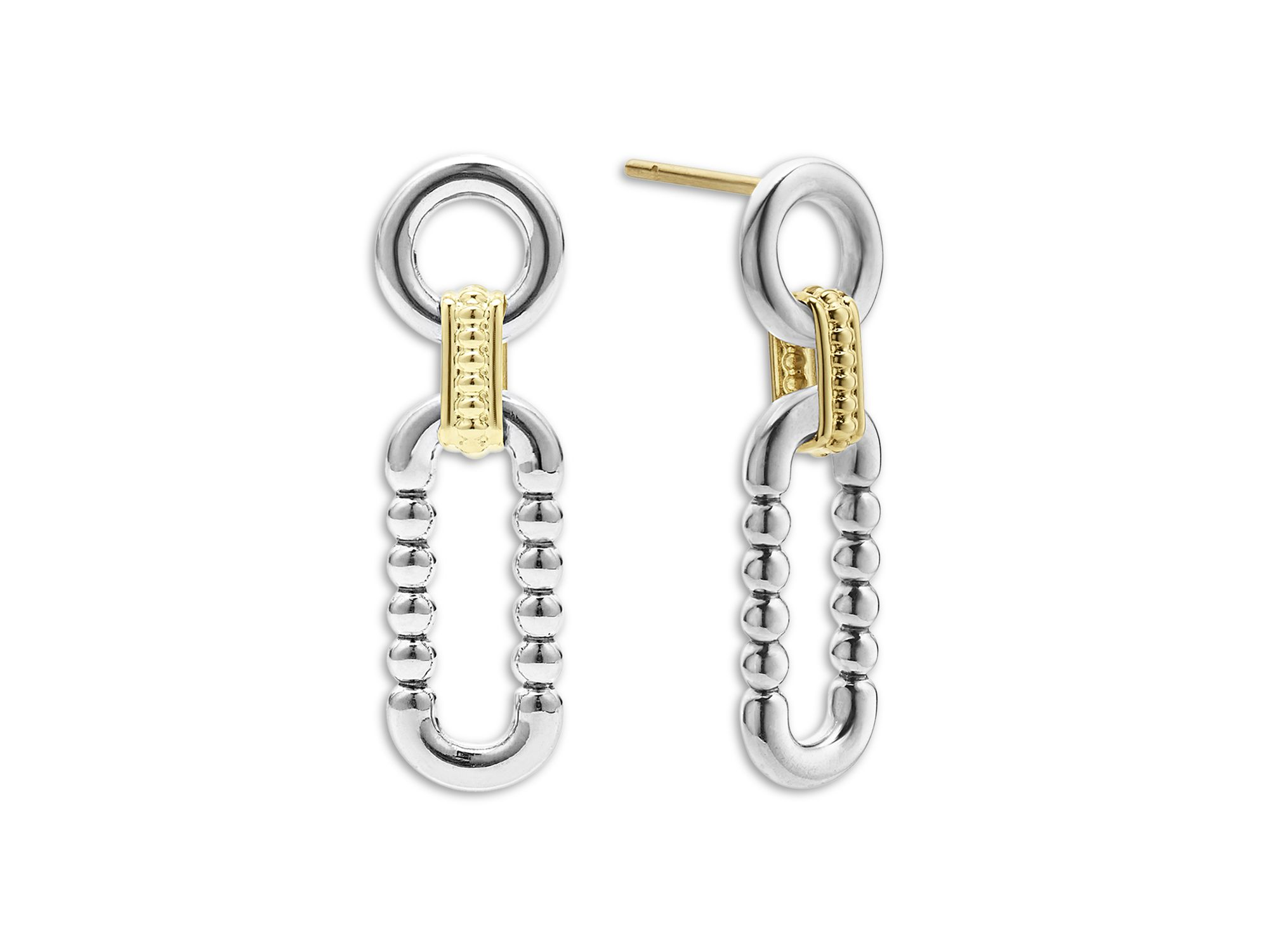 18K Yellow & Sterling Silver Signature Caviar Link Drop Earrings — Image 4