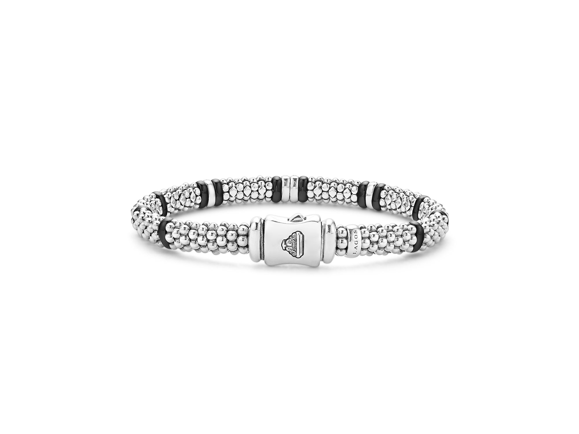 Four Station Diamond Black Caviar Bracelet in Sterling Silver — Image 5