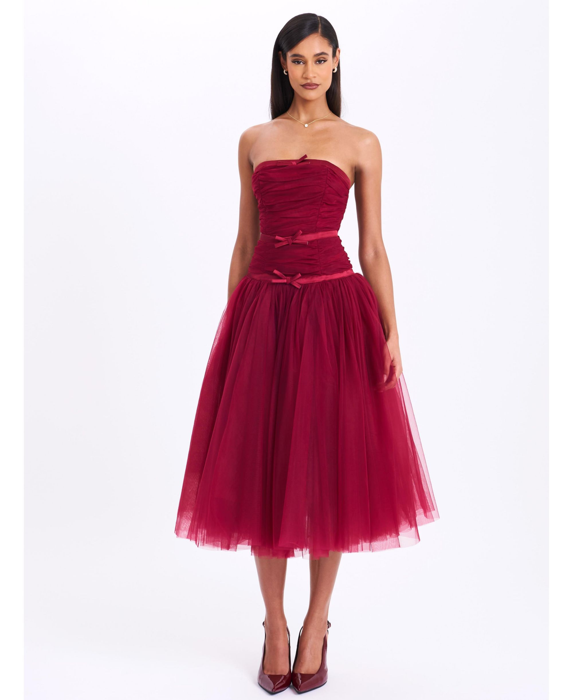 Mabel Drop Waist Layered Mesh Midi Puffy Dress with Bow — Image 8