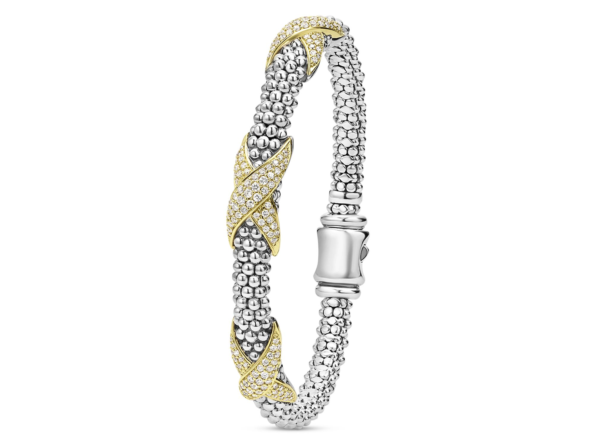 18K Yellow Gold & Sterling Silver Embrace Diamond Pavé X Station Caviar Bead Bracelet — Image 3