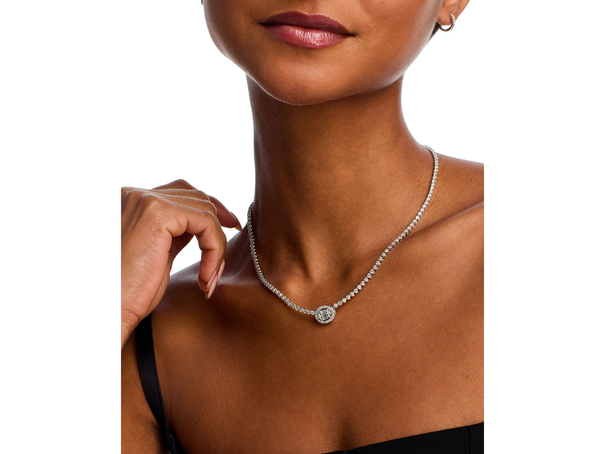 Diamond Round & Baguette Halo Tennis Necklace in 14K White Gold, 4.50 tcw — Image 3
