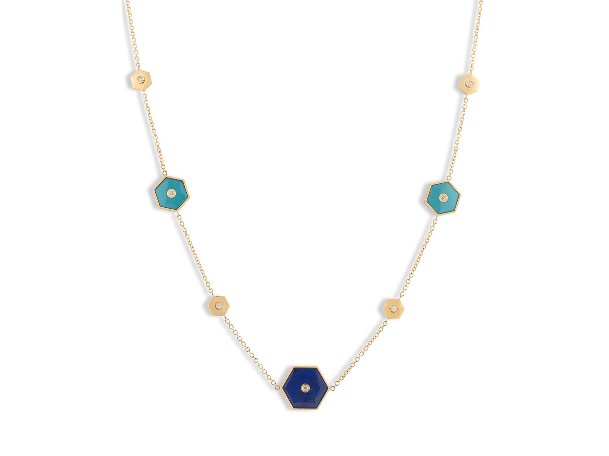 18K Yellow Gold Baia Necklace with Diamonds, Lapis & Turquoise, 32" — Image 3