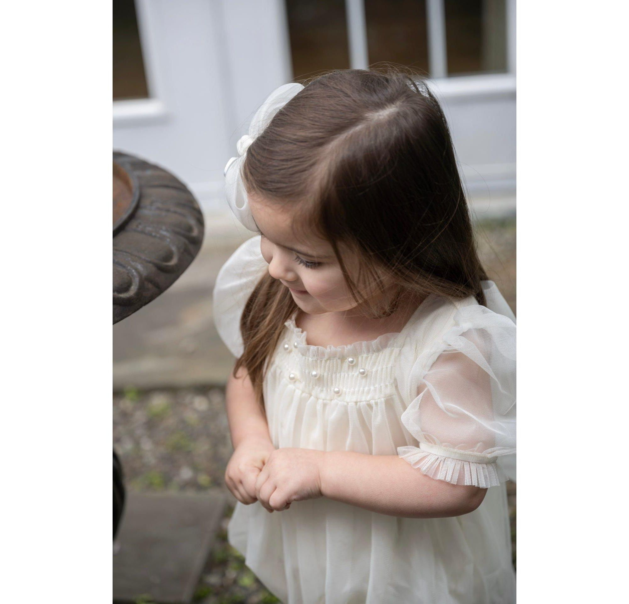 Unisex Bella Buttermilk Tulle Romper with Faux Pearl Beading — Image 4