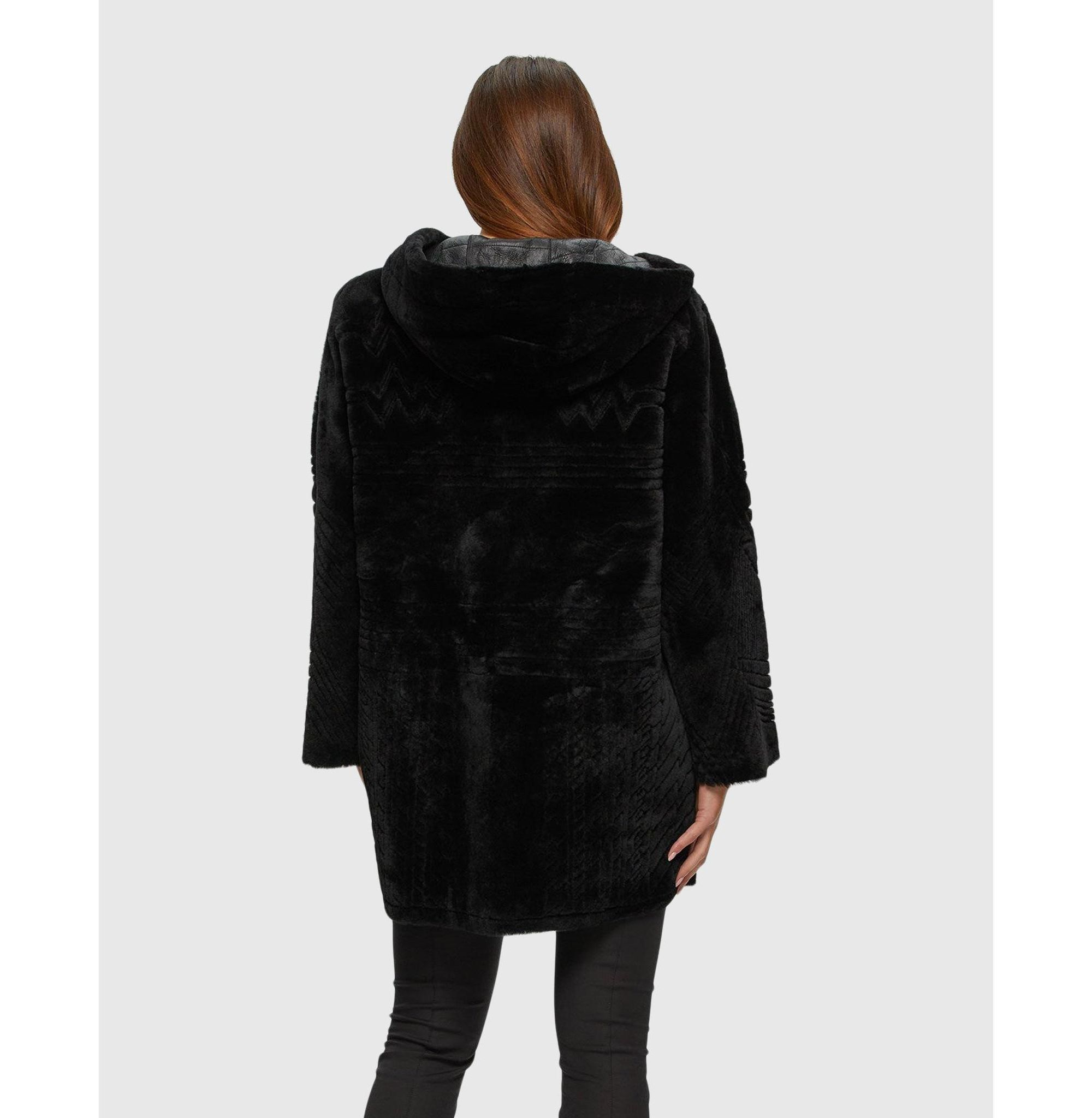Reversible Shearling Parka Coat with Grooved Pattern — Image 5