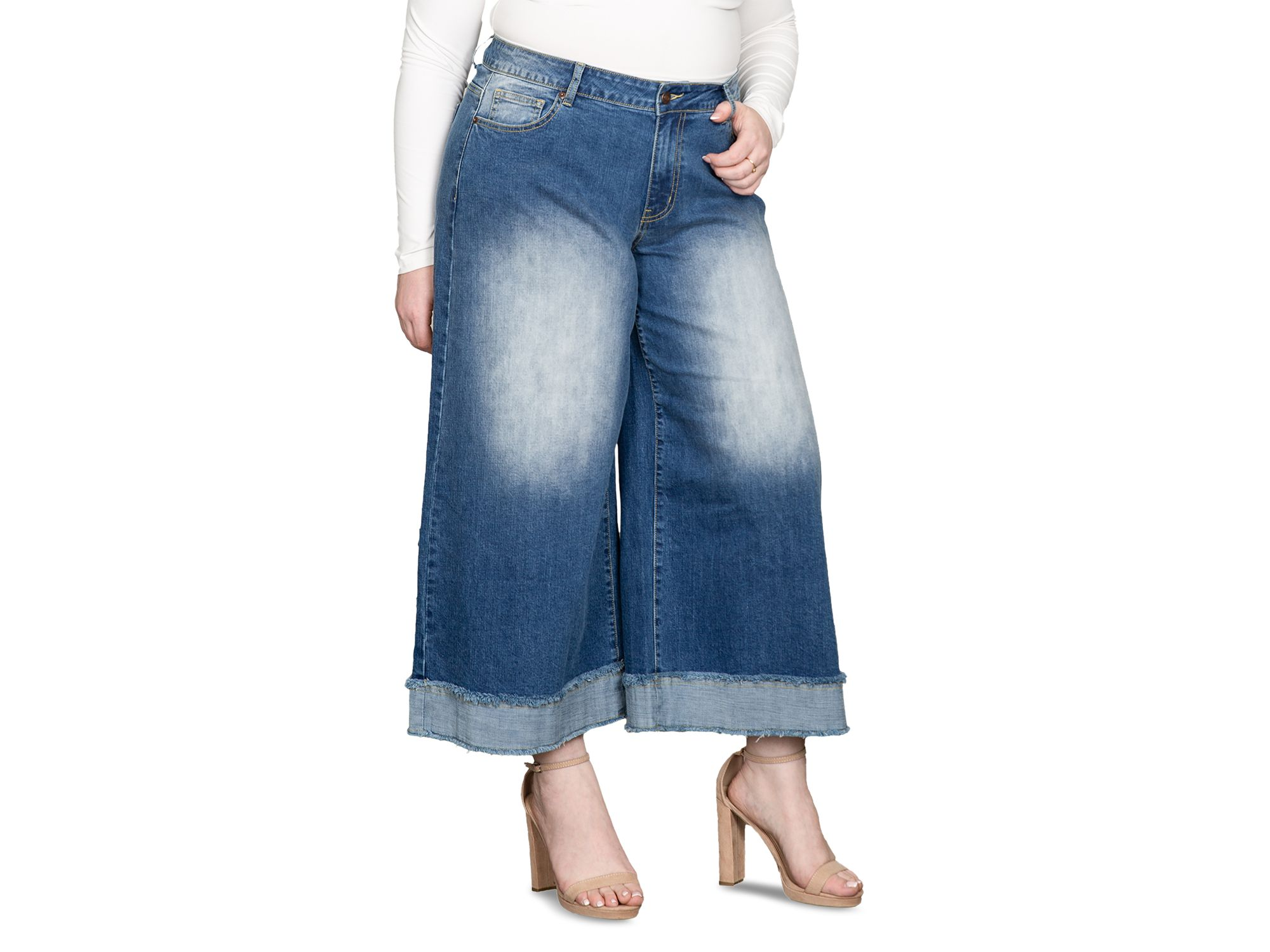 Cropped Wide Leg Jeans in Two Tone — Image 3