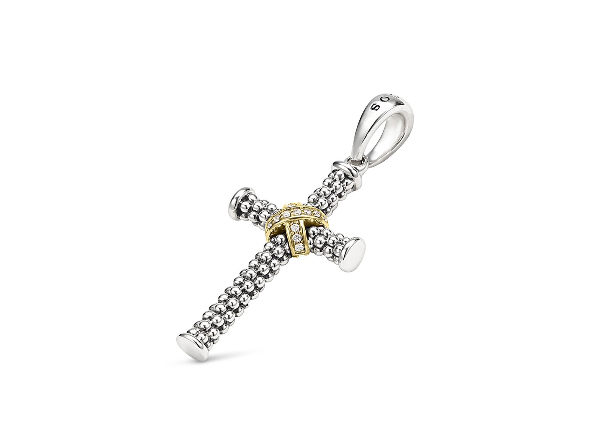 Small Two Tone Caviar Beaded Diamond Cross Amulet, 0.038 tcw — Image 3